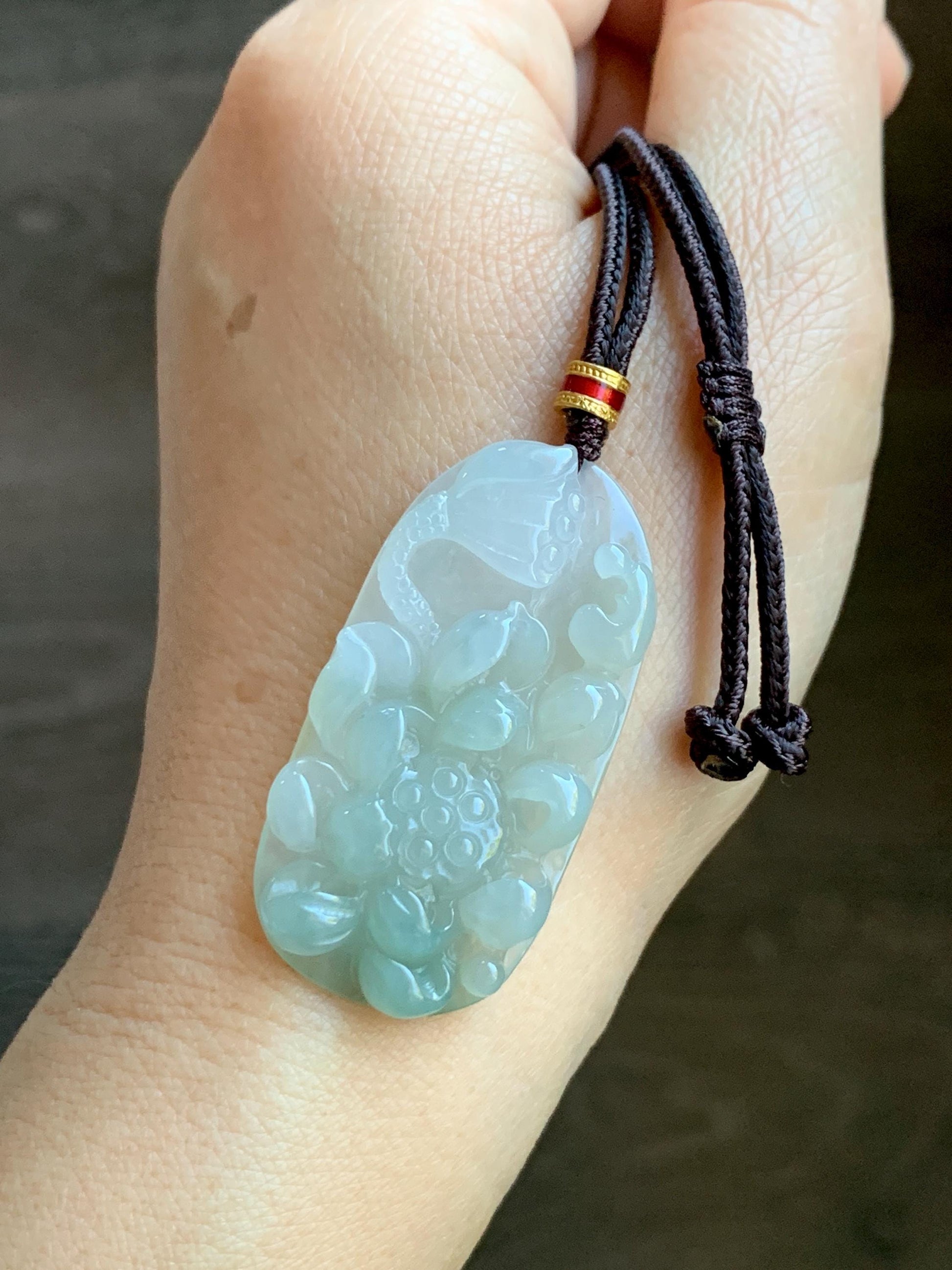 Natural Grade A Icy Translucent White Dusty Green Jade Jadeite Lotus Flower Wu Dao Enlightenment Pendant Necklace 27.5” 天然冰胶白晴翡翠莲花悟道吊坠LWD180