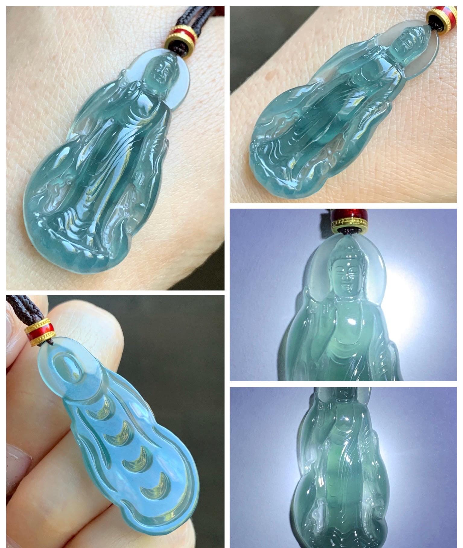 Natural Grade A Guatemalan Icy Highly Translucent Dark Teal Blue Jade Jadeite Guanyin Pendant Rope Necklace 28” 8g 天然冰胶危蓝绿翡翠站观音吊坠 GWZ380A