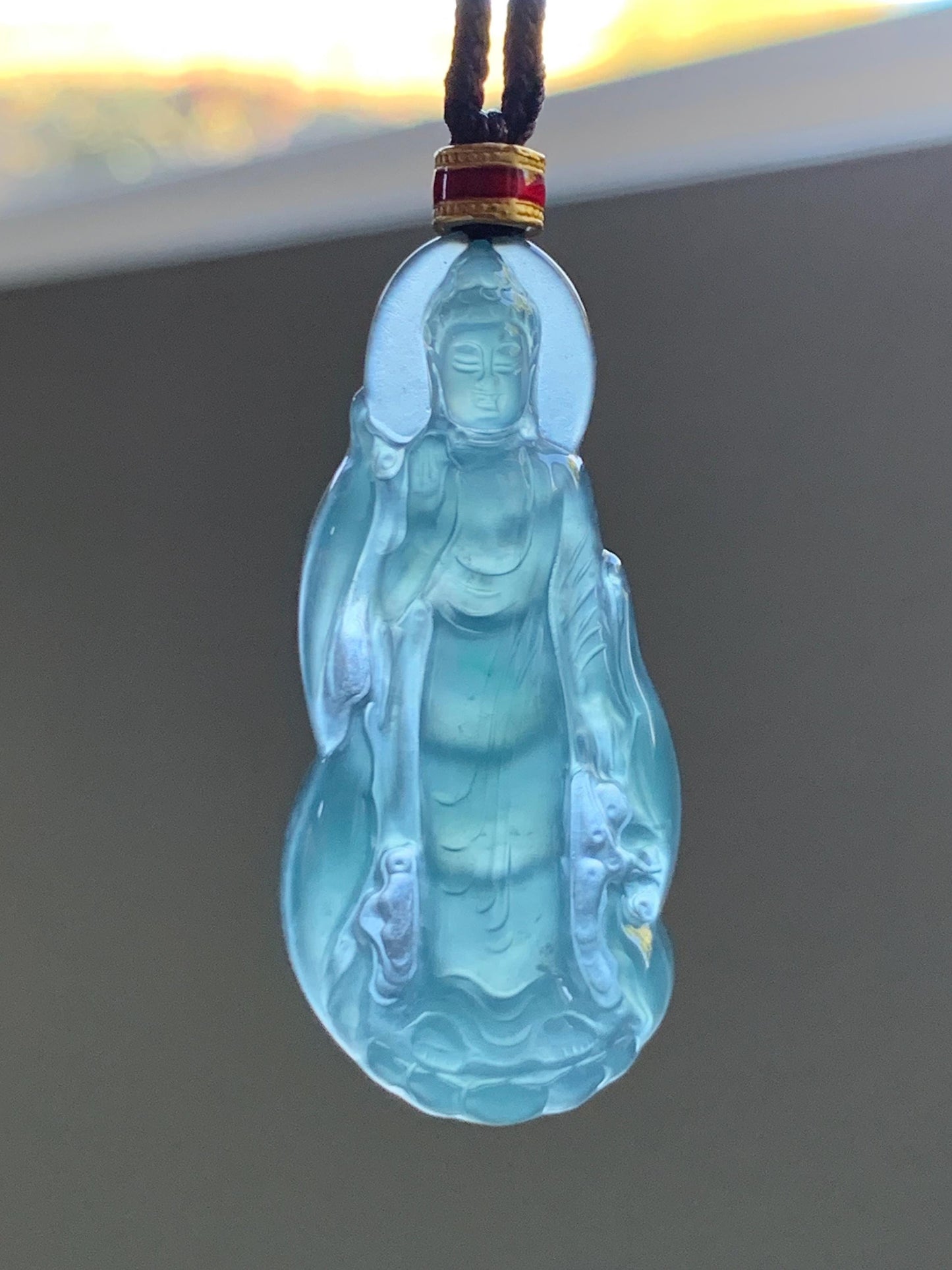 Natural Grade A Guatemalan Icy Highly Translucent Dark Teal Blue Jade Jadeite Guanyin Pendant Rope Necklace 28” 8g 天然冰胶危蓝绿翡翠站观音吊坠 GWZ380A