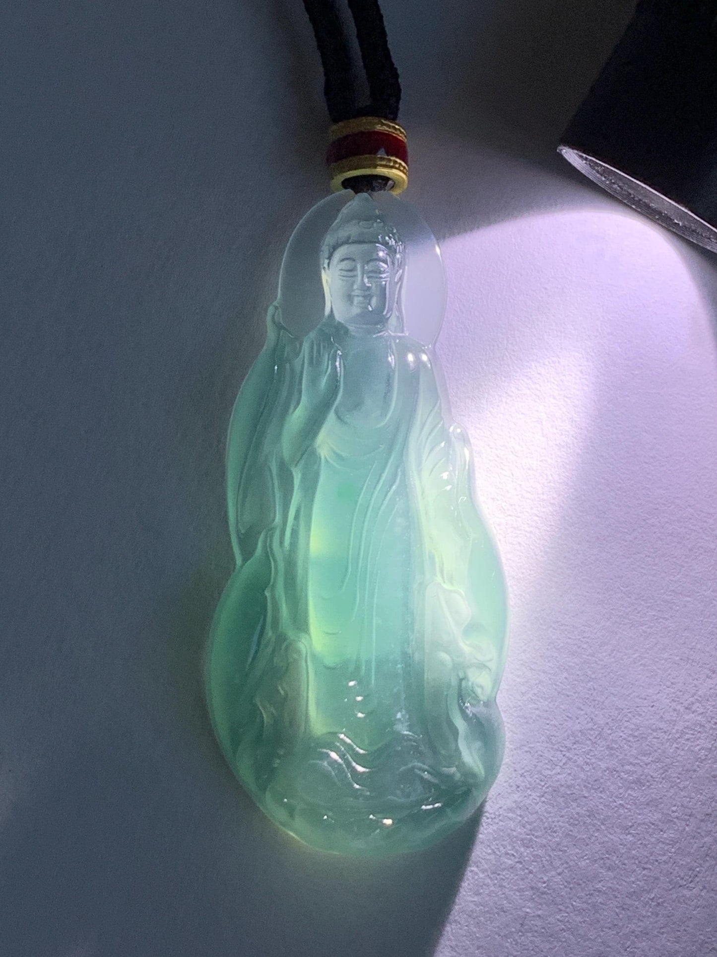 Natural Grade A Guatemalan Icy Highly Translucent Dark Teal Blue Jade Jadeite Guanyin Pendant Rope Necklace 28” 8g 天然冰胶危蓝绿翡翠站观音吊坠 GWZ380A