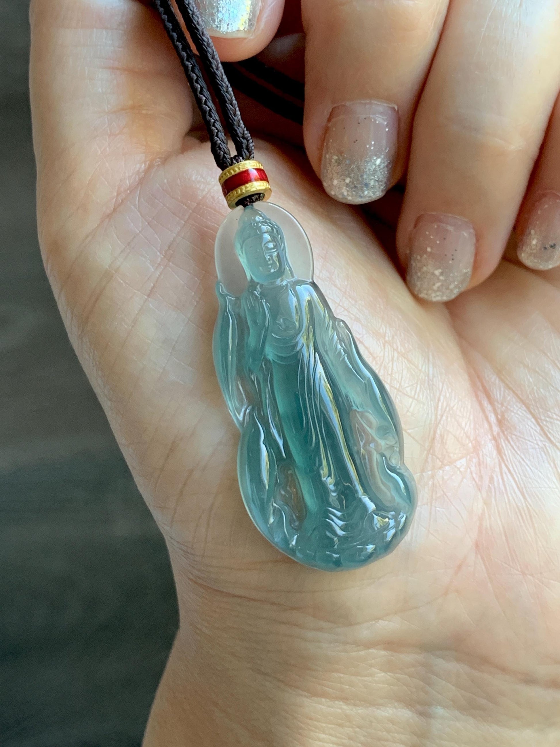 Natural Grade A Guatemalan Icy Highly Translucent Dark Teal Blue Jade Jadeite Guanyin Pendant Rope Necklace 28” 8g 天然冰胶危蓝绿翡翠站观音吊坠 GWZ380A