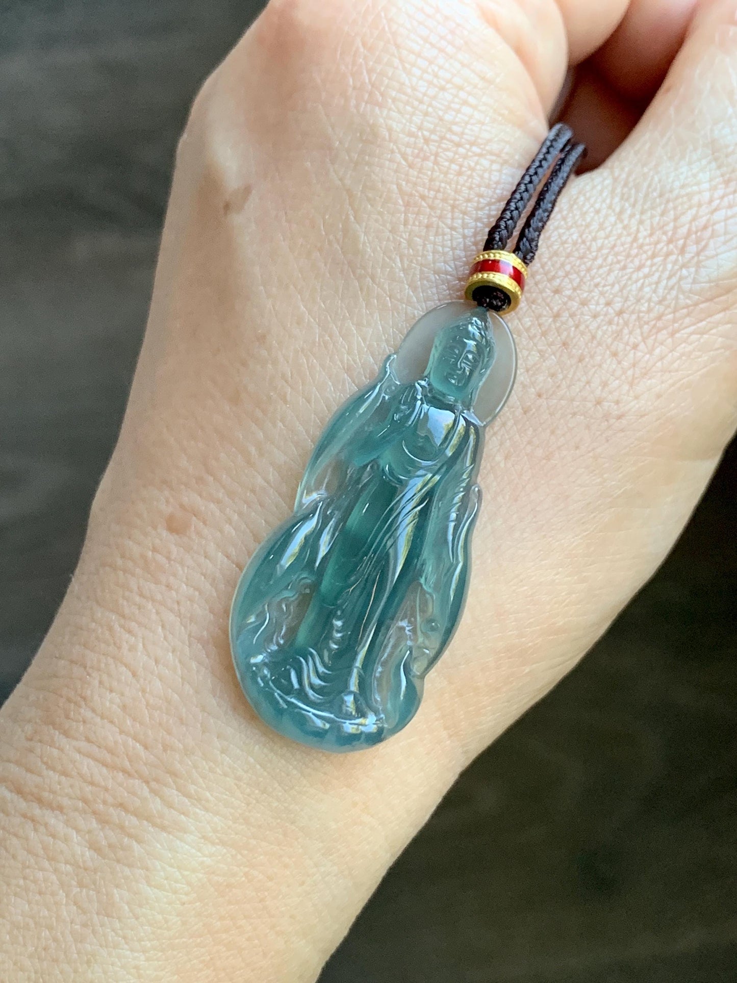 Natural Grade A Guatemalan Icy Highly Translucent Dark Teal Blue Jade Jadeite Guanyin Pendant Rope Necklace 28” 8g 天然冰胶危蓝绿翡翠站观音吊坠 GWZ380A