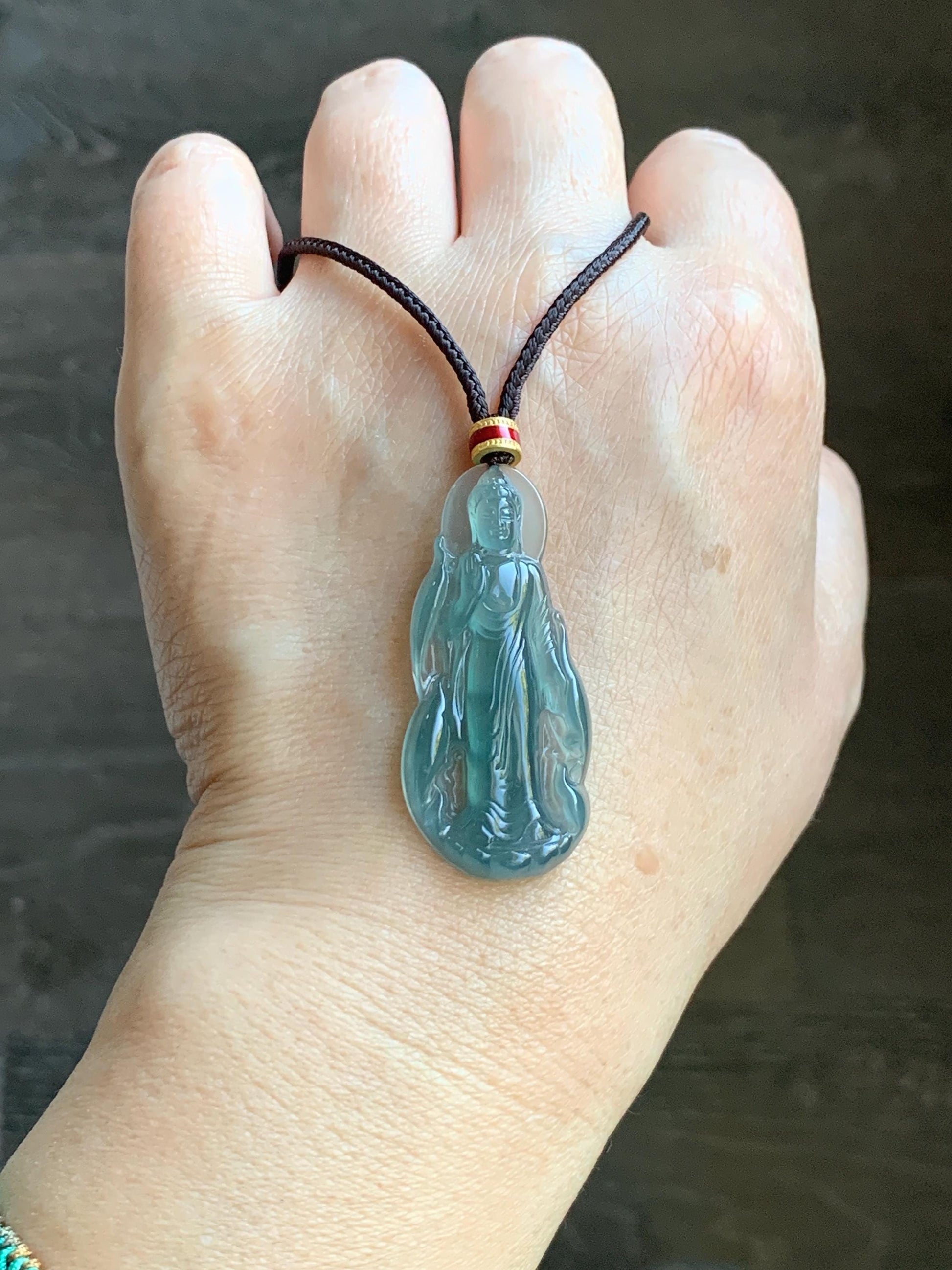 Natural Grade A Guatemalan Icy Highly Translucent Dark Teal Blue Jade Jadeite Guanyin Pendant Rope Necklace 28” 8g 天然冰胶危蓝绿翡翠站观音吊坠 GWZ380A