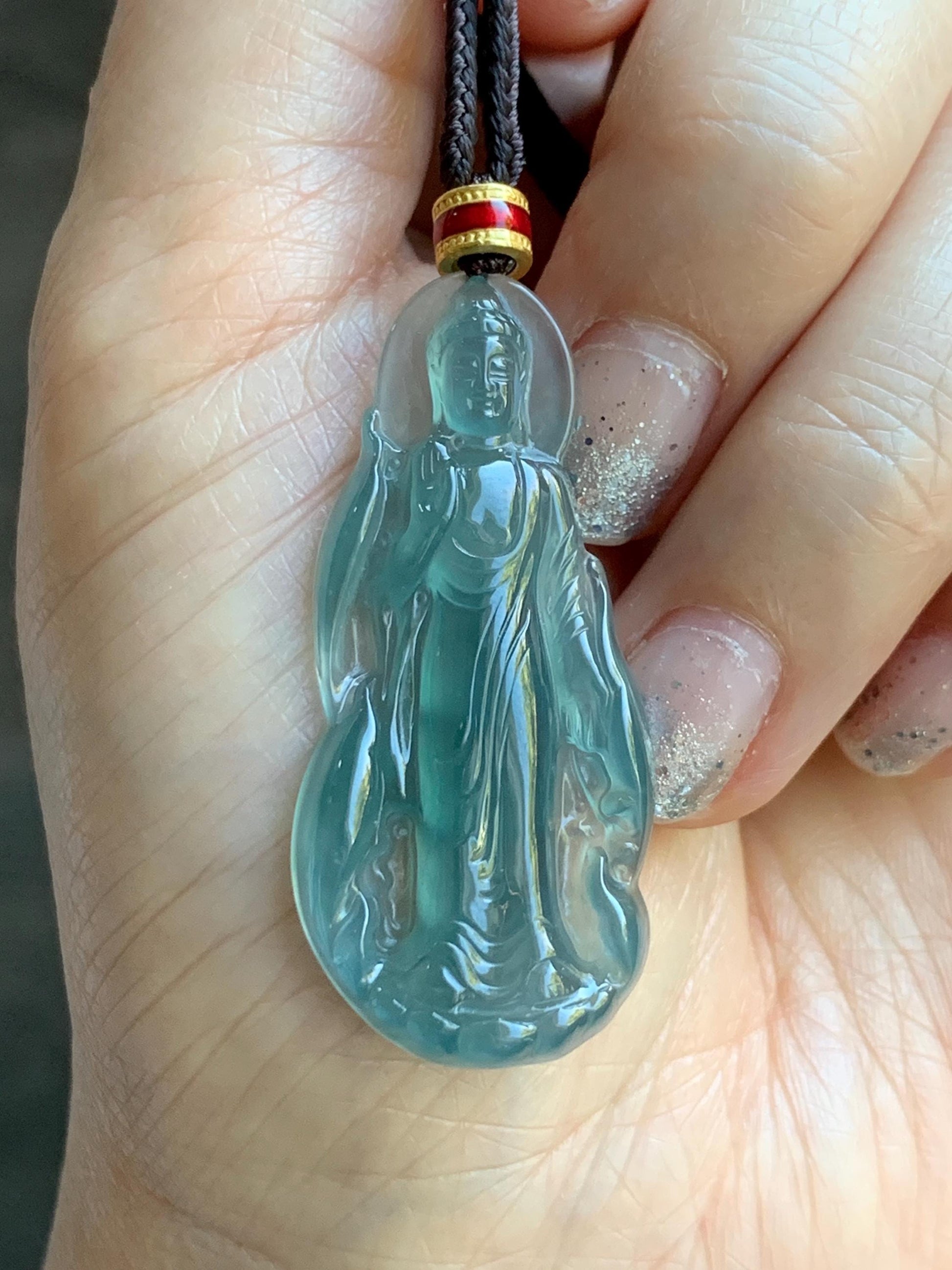 Natural Grade A Guatemalan Icy Highly Translucent Dark Teal Blue Jade Jadeite Guanyin Pendant Rope Necklace 28” 8g 天然冰胶危蓝绿翡翠站观音吊坠 GWZ380A