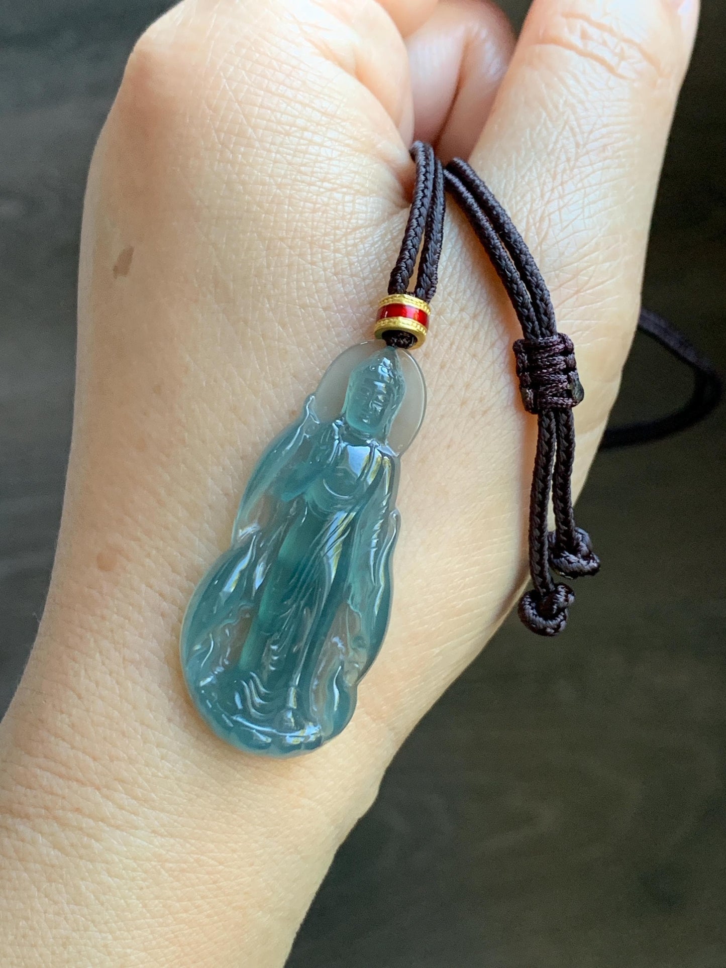 Natural Grade A Guatemalan Icy Highly Translucent Dark Teal Blue Jade Jadeite Guanyin Pendant Rope Necklace 28” 8g 天然冰胶危蓝绿翡翠站观音吊坠 GWZ380A