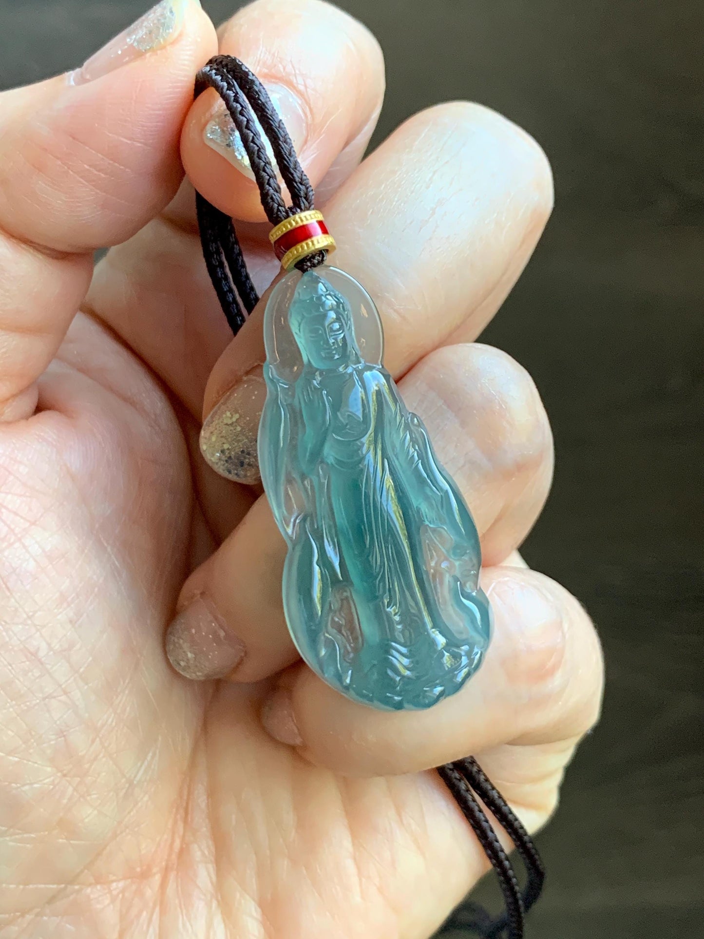 Natural Grade A Guatemalan Icy Highly Translucent Dark Teal Blue Jade Jadeite Guanyin Pendant Rope Necklace 28” 8g 天然冰胶危蓝绿翡翠站观音吊坠 GWZ380A