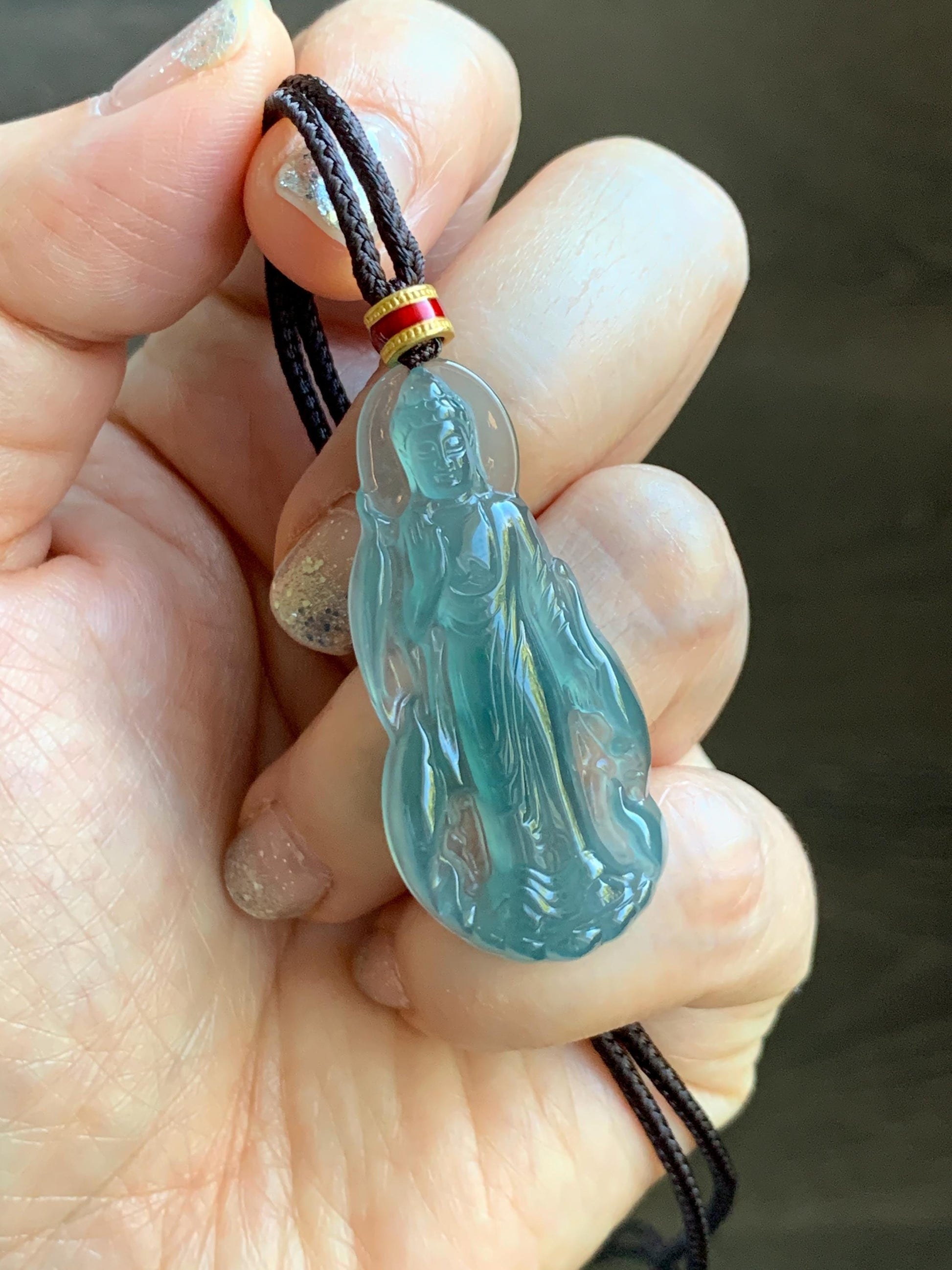Natural Grade A Guatemalan Icy Highly Translucent Dark Teal Blue Jade Jadeite Guanyin Pendant Rope Necklace 28” 8g 天然冰胶危蓝绿翡翠站观音吊坠 GWZ380A