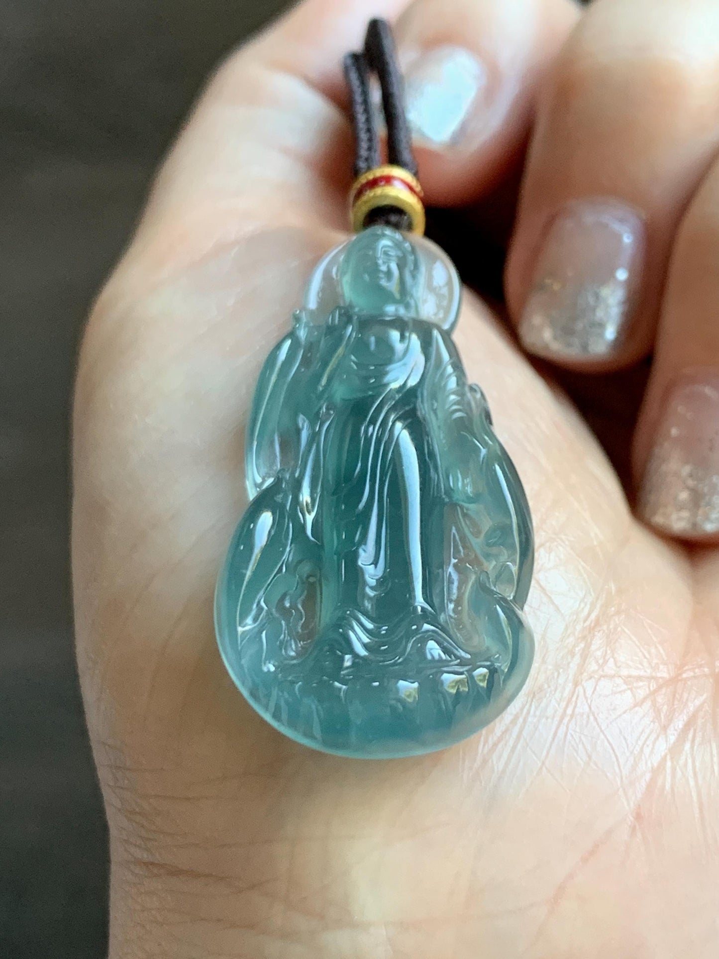 Natural Grade A Guatemalan Icy Highly Translucent Dark Teal Blue Jade Jadeite Guanyin Pendant Rope Necklace 28” 8g 天然冰胶危蓝绿翡翠站观音吊坠 GWZ380A