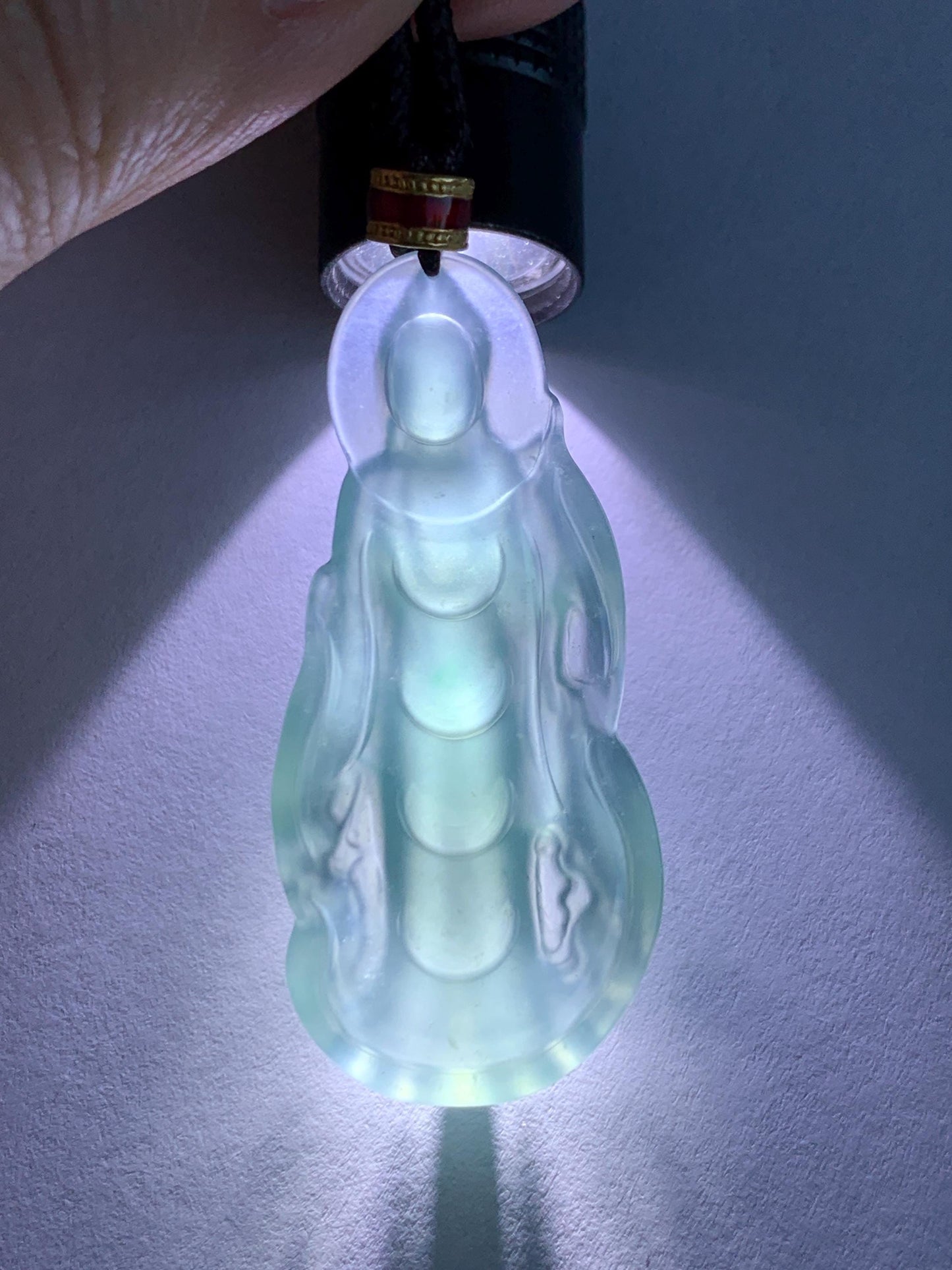 Natural Grade A Guatemalan Icy Highly Translucent Dark Teal Blue Jade Jadeite Guanyin Pendant Rope Necklace 28” 8g 天然冰胶危蓝绿翡翠站观音吊坠 GWZ380A