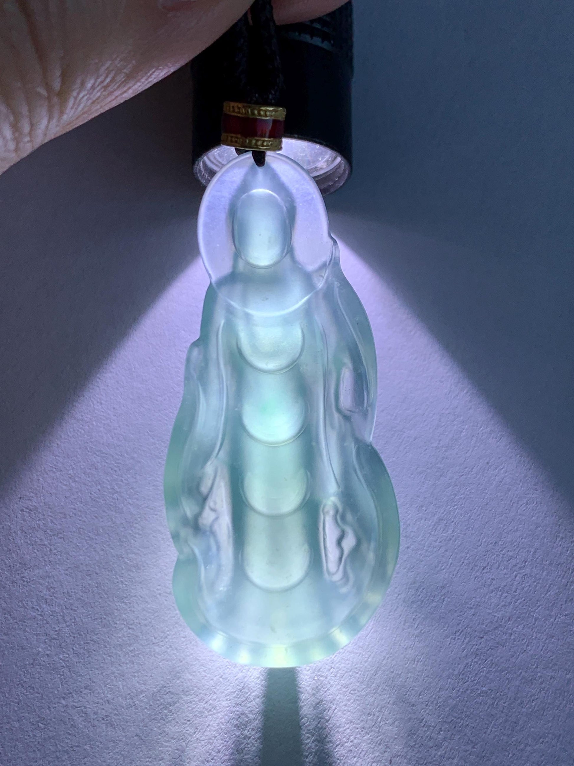 Natural Grade A Guatemalan Icy Highly Translucent Dark Teal Blue Jade Jadeite Guanyin Pendant Rope Necklace 28” 8g 天然冰胶危蓝绿翡翠站观音吊坠 GWZ380A