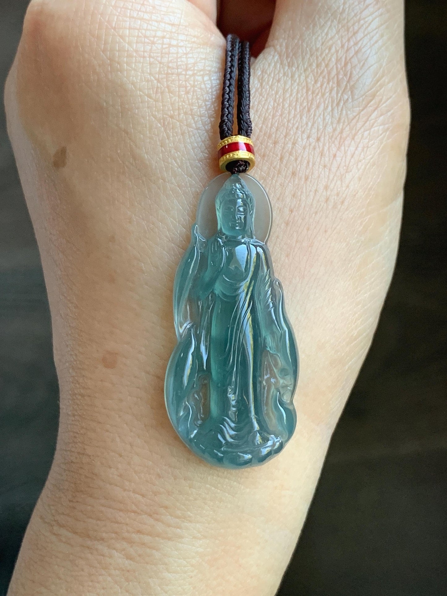 Natural Grade A Guatemalan Icy Highly Translucent Dark Teal Blue Jade Jadeite Guanyin Pendant Rope Necklace 28” 8g 天然冰胶危蓝绿翡翠站观音吊坠 GWZ380A