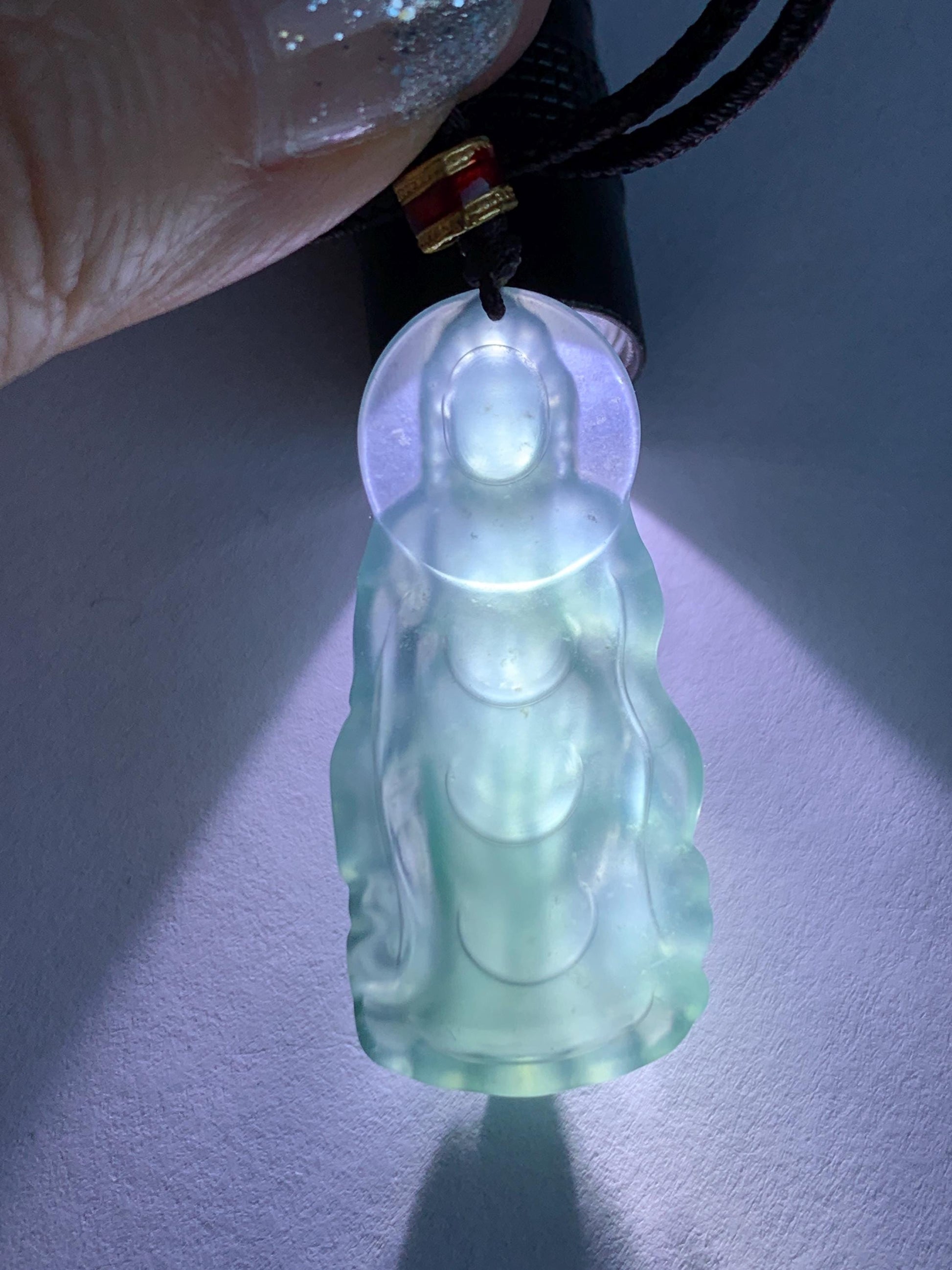 Natural Grade A Guatemalan Icy Highly Translucent Dark Teal Blue Jade Jadeite Guanyin Pendant Rope Necklace 27.5” 7g 天然冰胶危蓝绿翡翠站观音吊坠 GWZ380B