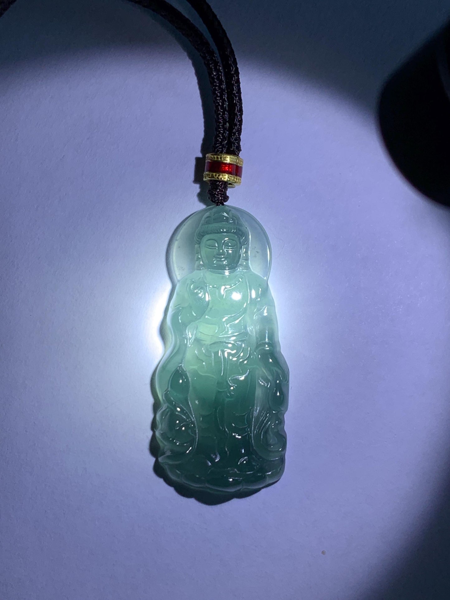 Natural Grade A Guatemalan Icy Highly Translucent Dark Teal Blue Jade Jadeite Guanyin Pendant Rope Necklace 27.5” 7g 天然冰胶危蓝绿翡翠站观音吊坠 GWZ380B