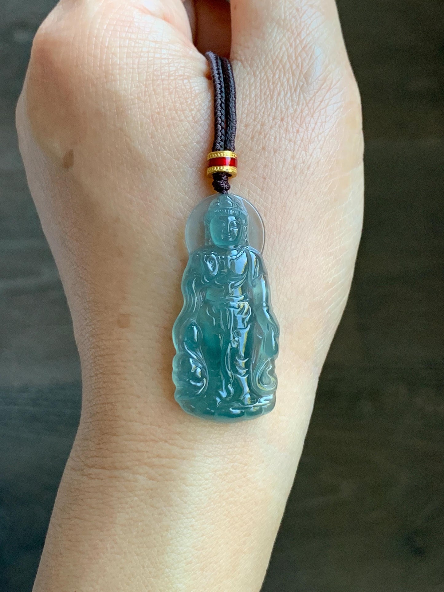 Natural Grade A Guatemalan Icy Highly Translucent Dark Teal Blue Jade Jadeite Guanyin Pendant Rope Necklace 27.5” 7g 天然冰胶危蓝绿翡翠站观音吊坠 GWZ380B