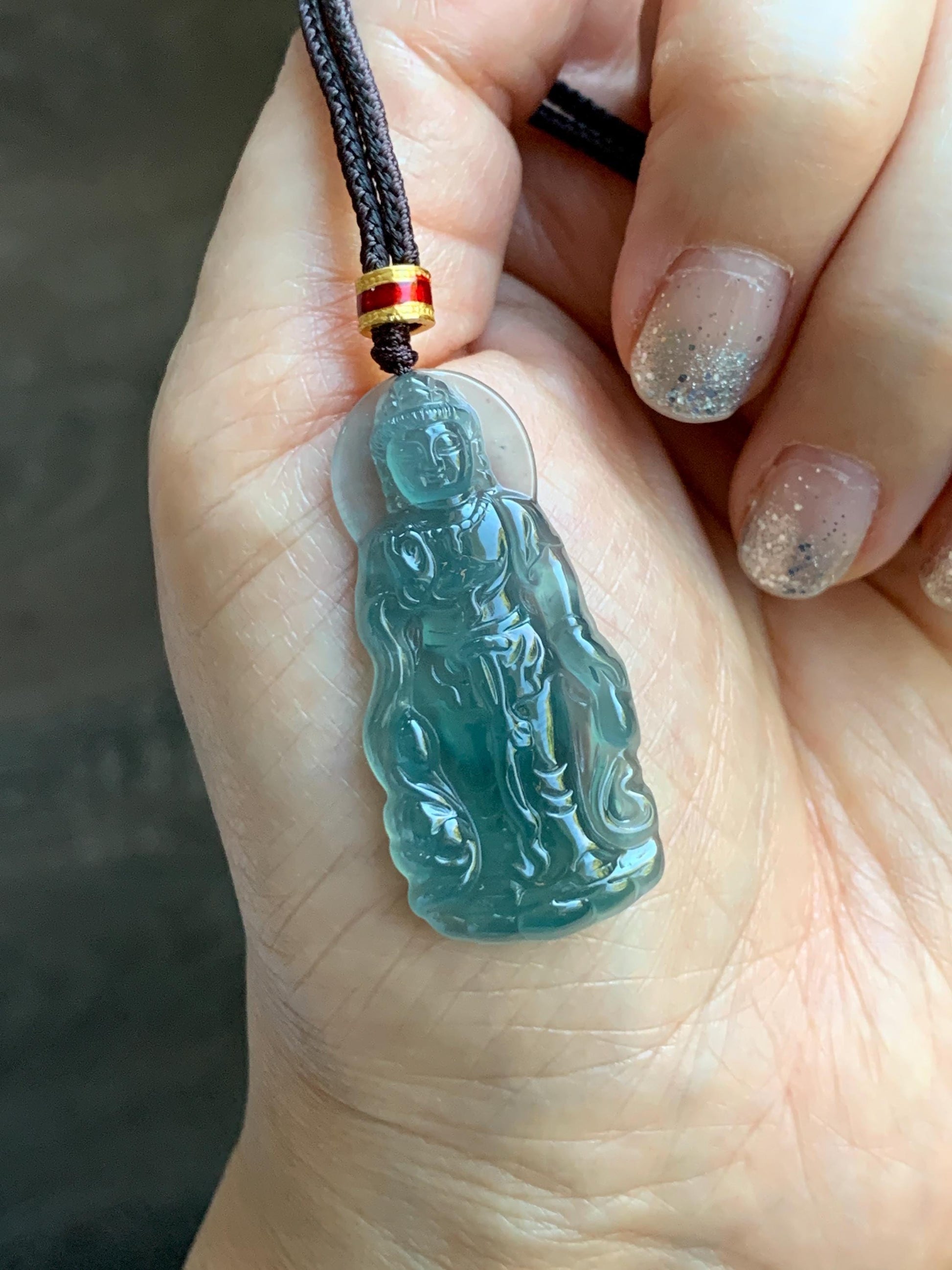 Natural Grade A Guatemalan Icy Highly Translucent Dark Teal Blue Jade Jadeite Guanyin Pendant Rope Necklace 27.5” 7g 天然冰胶危蓝绿翡翠站观音吊坠 GWZ380B