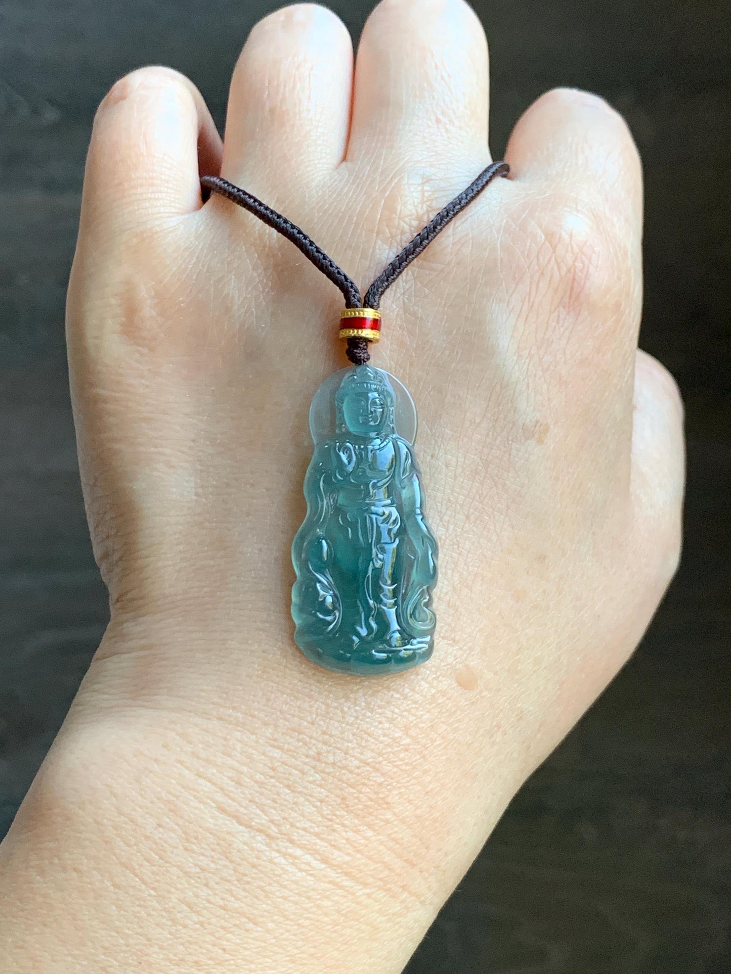 Natural Grade A Guatemalan Icy Highly Translucent Dark Teal Blue Jade Jadeite Guanyin Pendant Rope Necklace 27.5” 7g 天然冰胶危蓝绿翡翠站观音吊坠 GWZ380B
