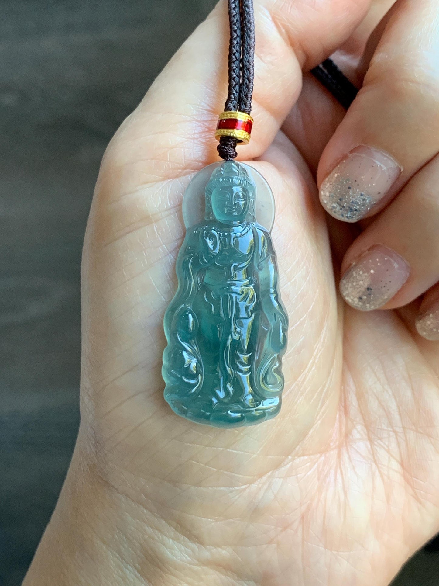 Natural Grade A Guatemalan Icy Highly Translucent Dark Teal Blue Jade Jadeite Guanyin Pendant Rope Necklace 27.5” 7g 天然冰胶危蓝绿翡翠站观音吊坠 GWZ380B
