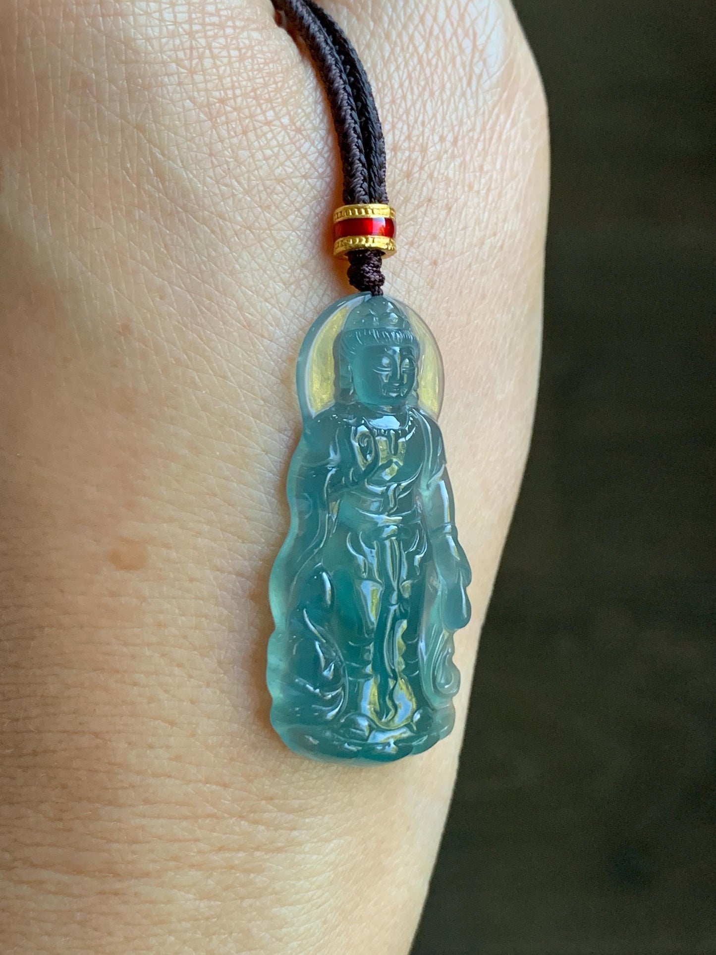 Natural Grade A Guatemalan Icy Highly Translucent Dark Teal Blue Jade Jadeite Guanyin Pendant Rope Necklace 27.5” 7g 天然冰胶危蓝绿翡翠站观音吊坠 GWZ380B
