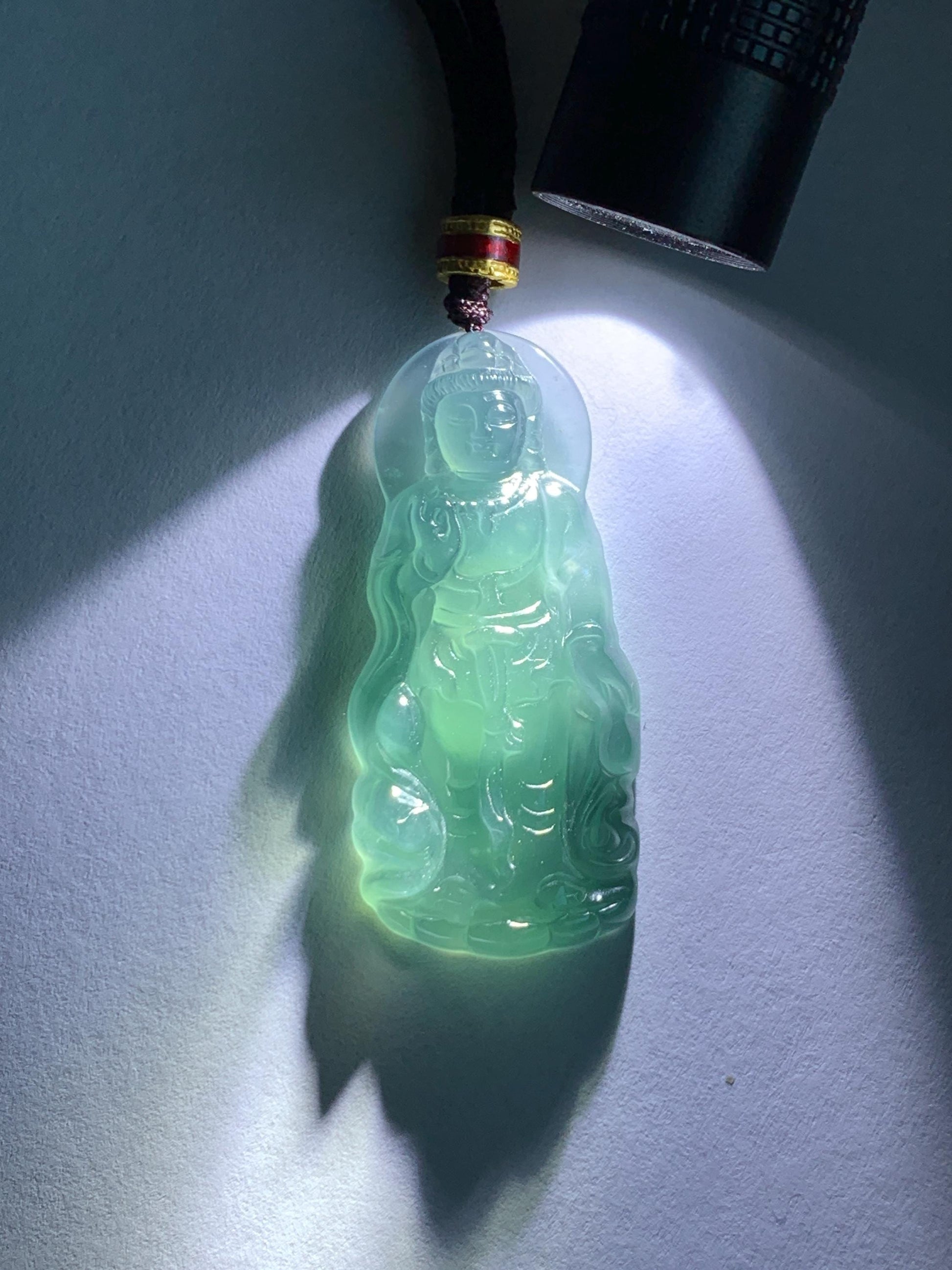 Natural Grade A Guatemalan Icy Highly Translucent Dark Teal Blue Jade Jadeite Guanyin Pendant Rope Necklace 27.5” 7g 天然冰胶危蓝绿翡翠站观音吊坠 GWZ380B