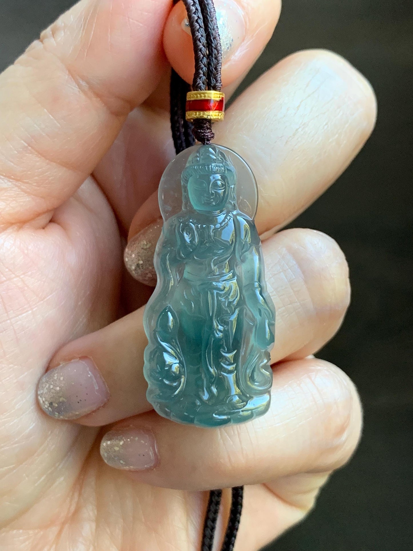 Natural Grade A Guatemalan Icy Highly Translucent Dark Teal Blue Jade Jadeite Guanyin Pendant Rope Necklace 27.5” 7g 天然冰胶危蓝绿翡翠站观音吊坠 GWZ380B