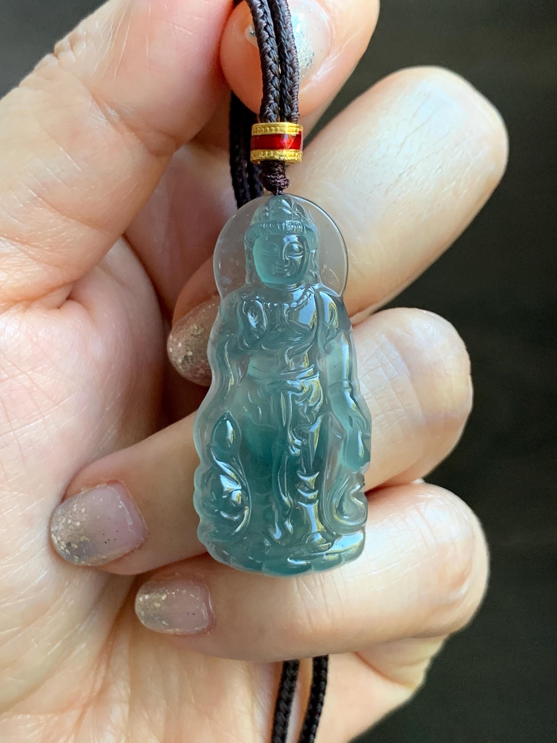 Natural Grade A Guatemalan Icy Highly Translucent Dark Teal Blue Jade Jadeite Guanyin Pendant Rope Necklace 27.5” 7g 天然冰胶危蓝绿翡翠站观音吊坠 GWZ380B