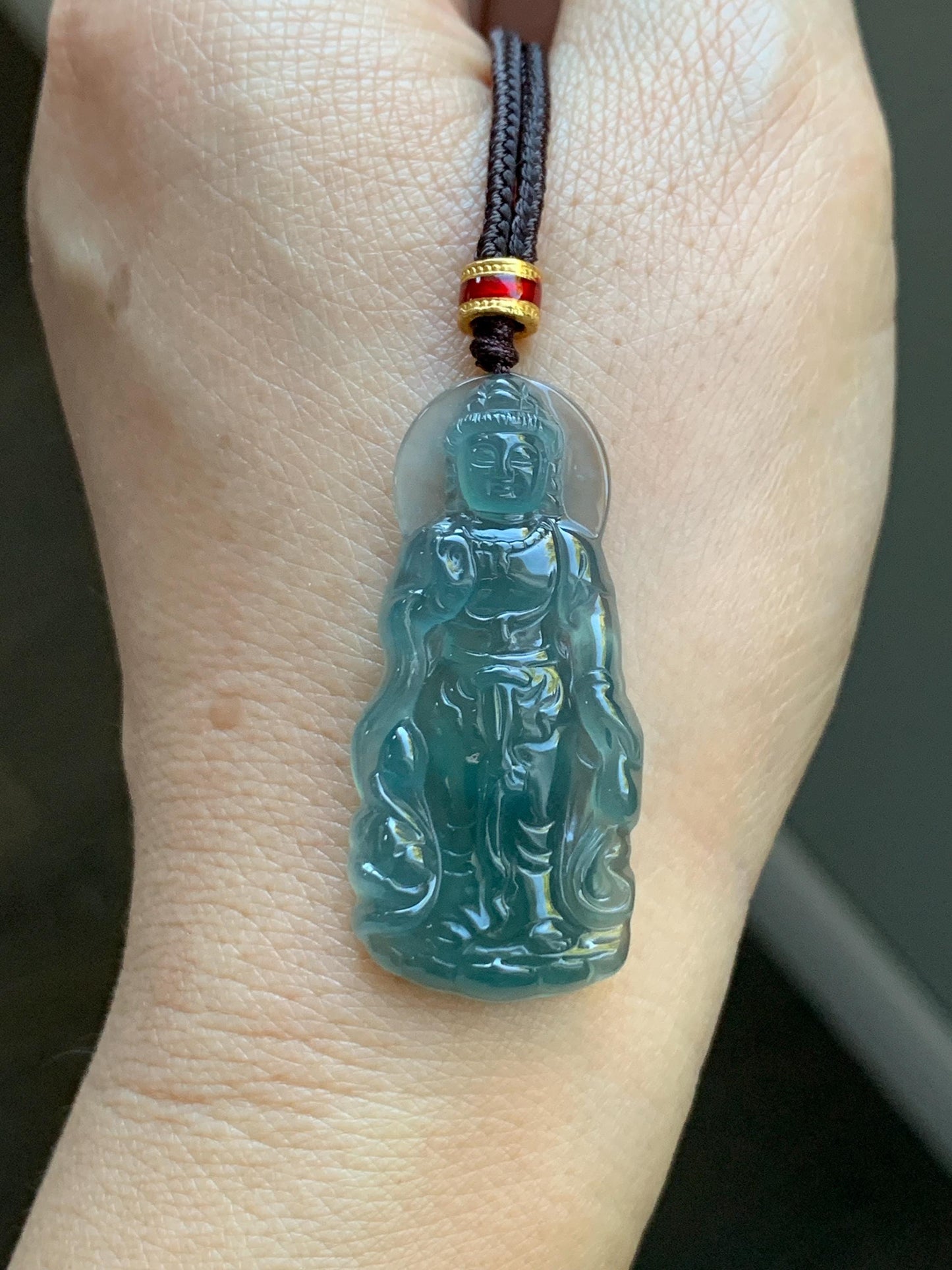 Natural Grade A Guatemalan Icy Highly Translucent Dark Teal Blue Jade Jadeite Guanyin Pendant Rope Necklace 27.5” 7g 天然冰胶危蓝绿翡翠站观音吊坠 GWZ380B