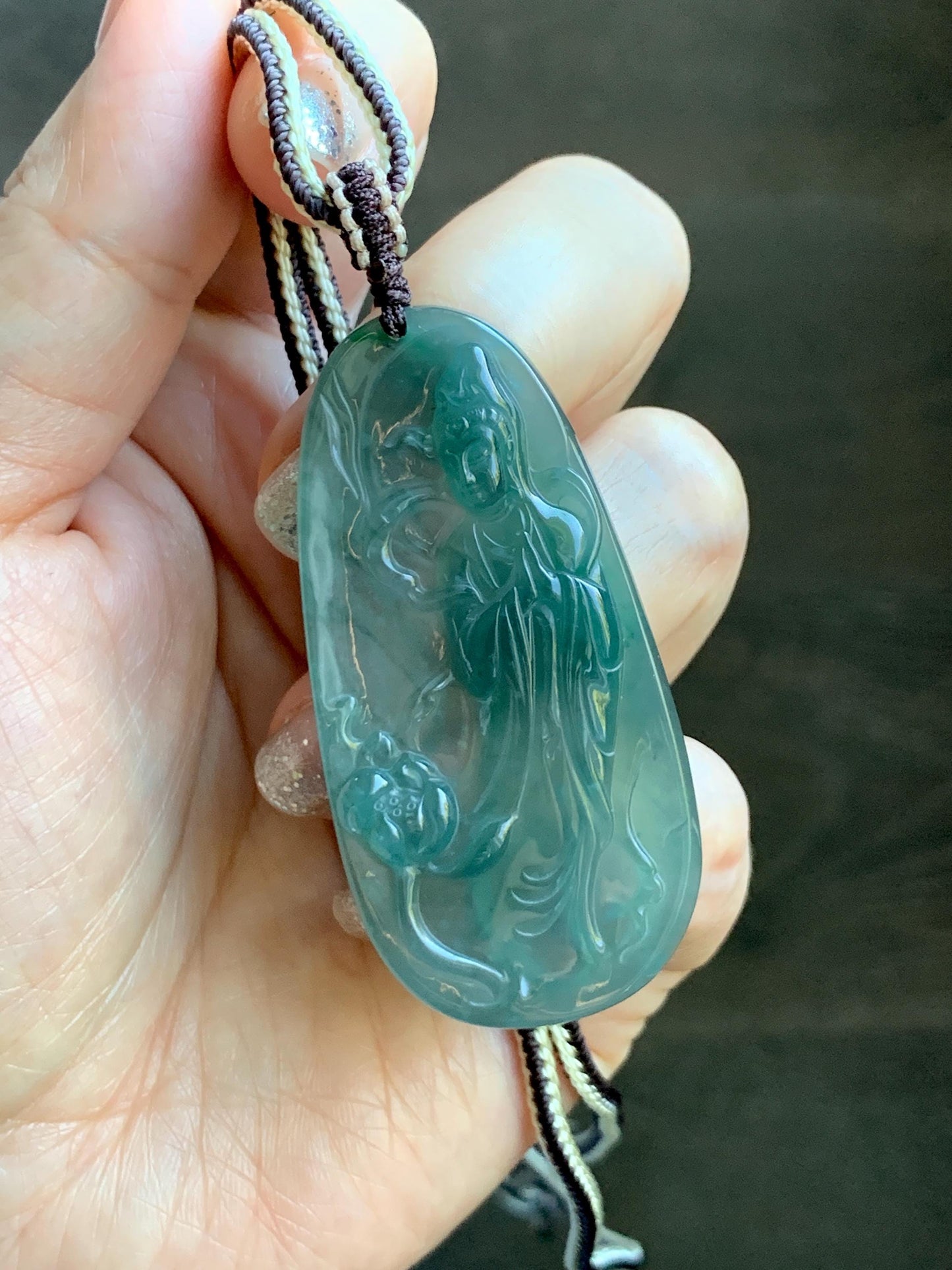 Certified Natural Grade A Guatemalan Icy Translucent Dark Teal Blue Jade Jadeite Guanyin Large Pendant Rope Necklace 28” 天然冰胶危蓝绿翡翠站观音吊坠 485