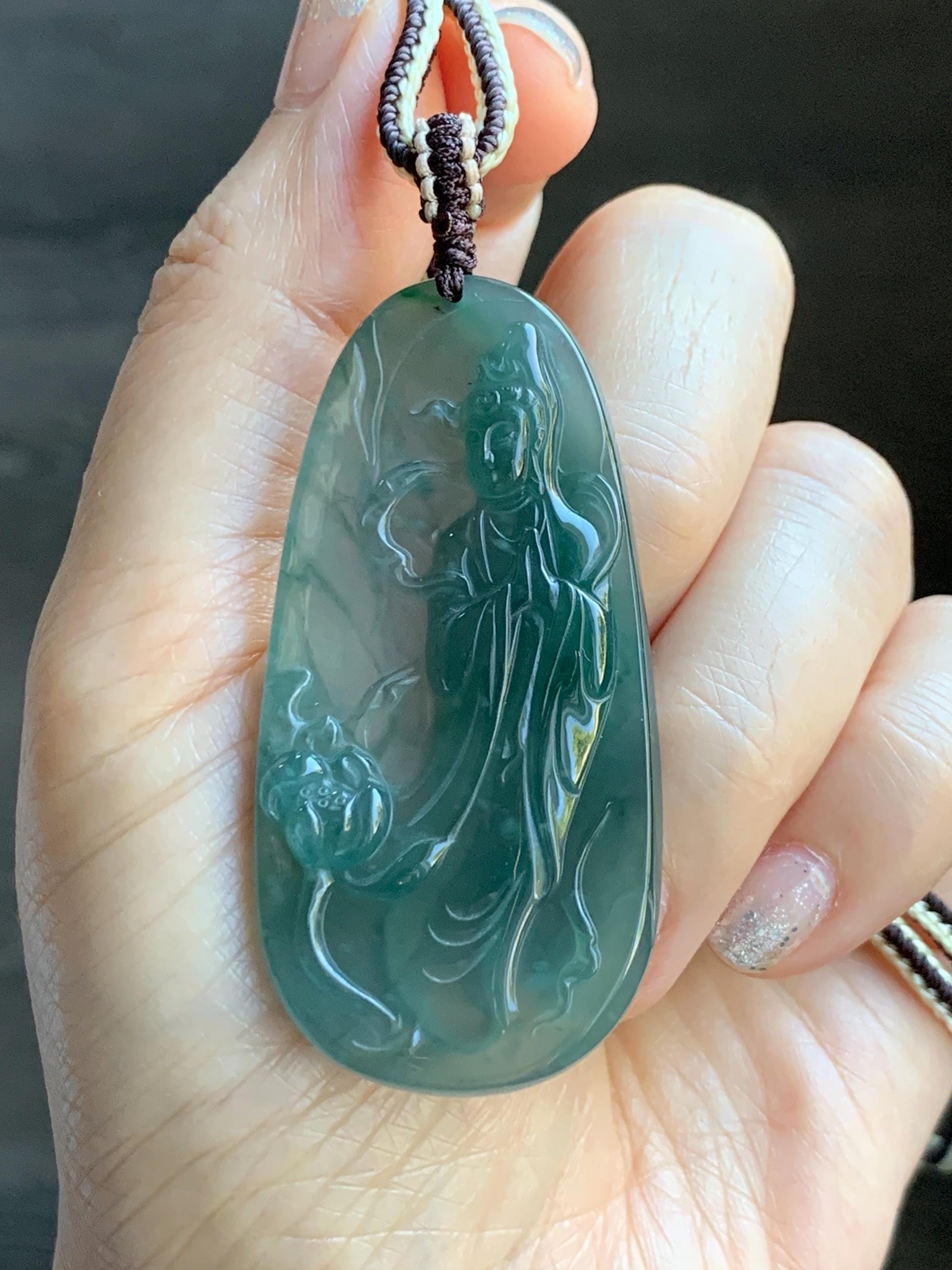 Certified Natural Grade A Guatemalan Icy Translucent Dark Teal Blue Jade Jadeite Guanyin Large Pendant Rope Necklace 28” 天然冰胶危蓝绿翡翠站观音吊坠 485