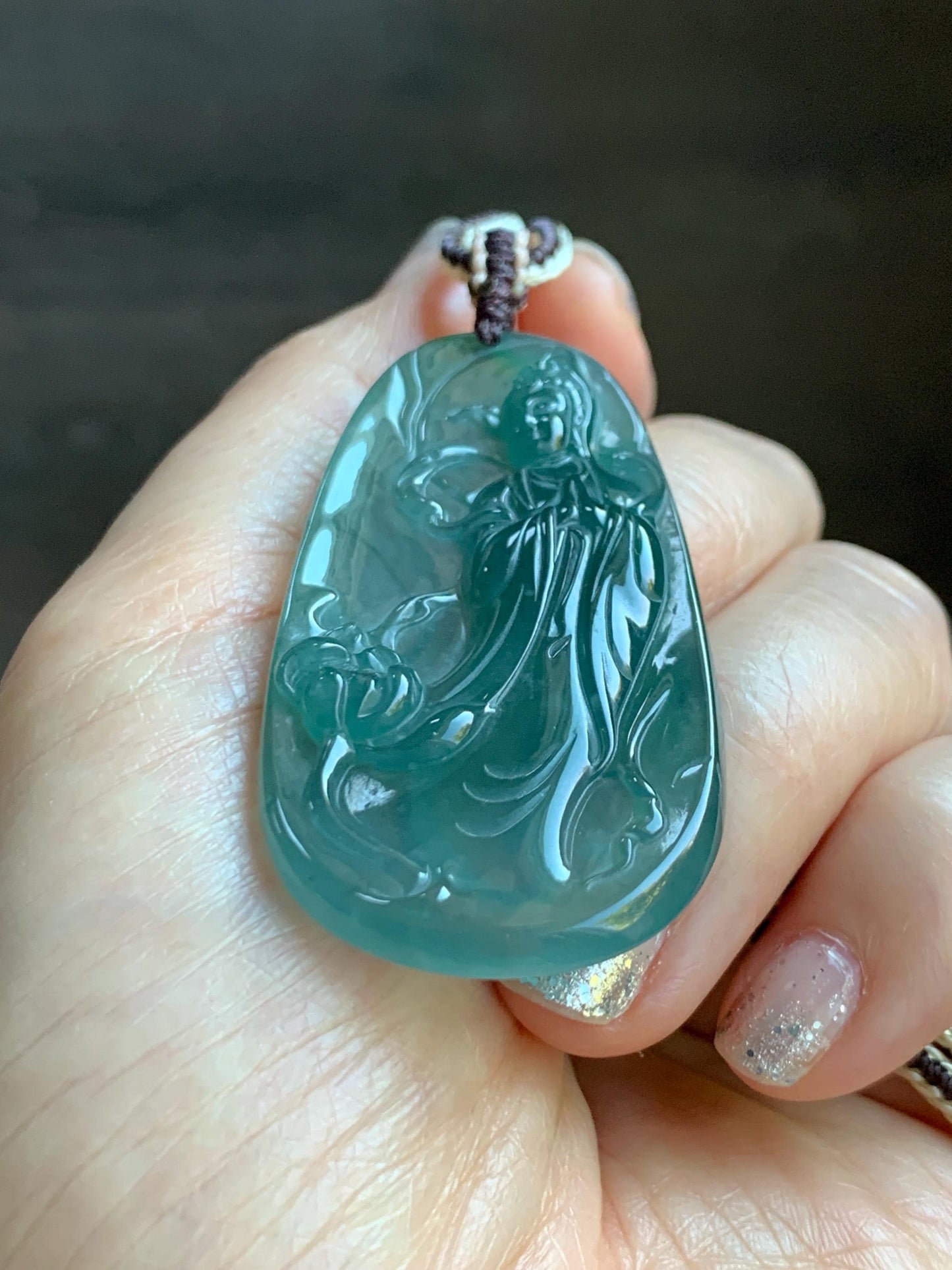Certified Natural Grade A Guatemalan Icy Translucent Dark Teal Blue Jade Jadeite Guanyin Large Pendant Rope Necklace 28” 天然冰胶危蓝绿翡翠站观音吊坠 485