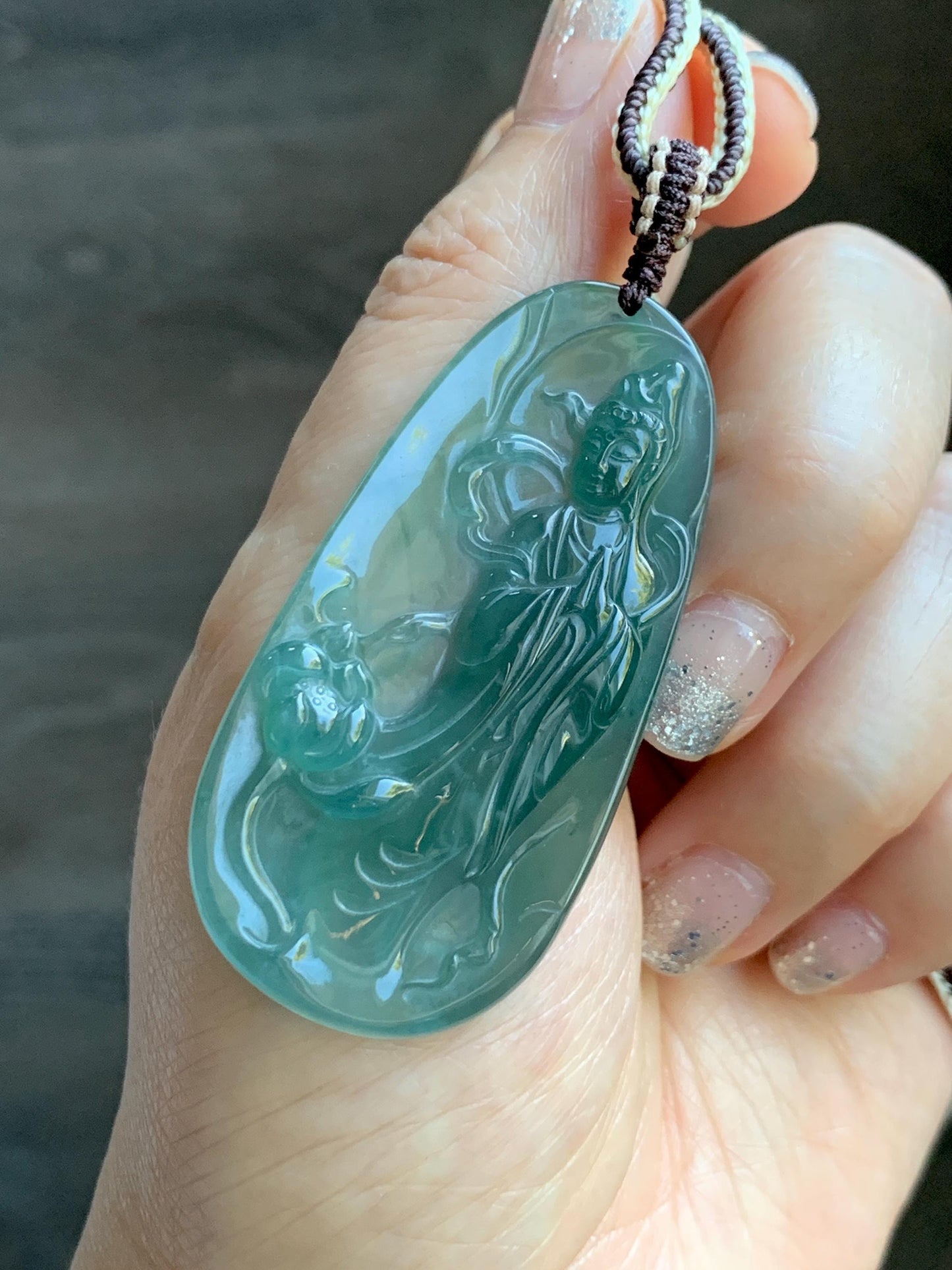 Certified Natural Grade A Guatemalan Icy Translucent Dark Teal Blue Jade Jadeite Guanyin Large Pendant Rope Necklace 28” 天然冰胶危蓝绿翡翠站观音吊坠 485