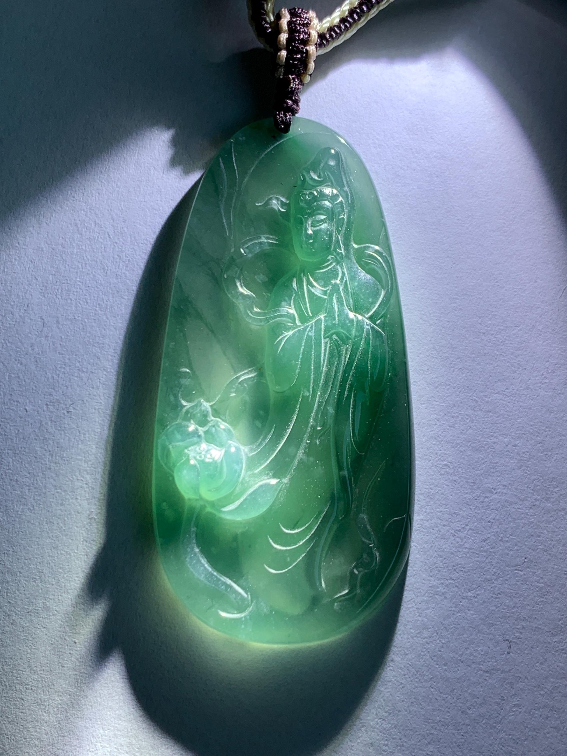 Certified Natural Grade A Guatemalan Icy Translucent Dark Teal Blue Jade Jadeite Guanyin Large Pendant Rope Necklace 28” 天然冰胶危蓝绿翡翠站观音吊坠 485