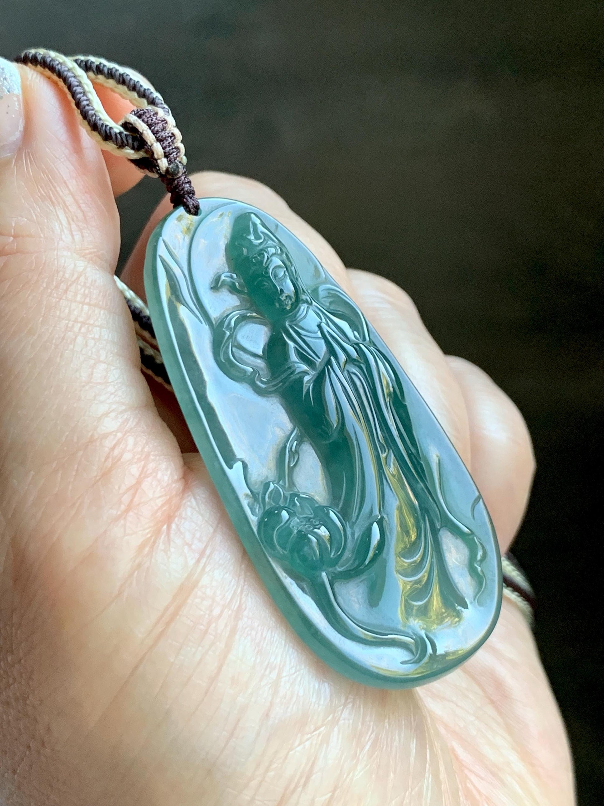 Certified Natural Grade A Guatemalan Icy Translucent Dark Teal Blue Jade Jadeite Guanyin Large Pendant Rope Necklace 28” 天然冰胶危蓝绿翡翠站观音吊坠 485