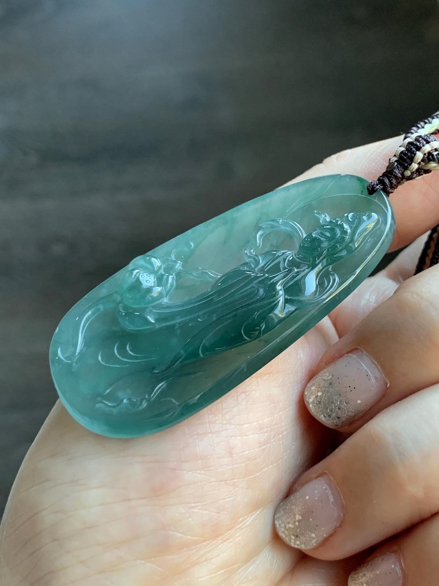 Certified Natural Grade A Guatemalan Icy Translucent Dark Teal Blue Jade Jadeite Guanyin Large Pendant Rope Necklace 28” 天然冰胶危蓝绿翡翠站观音吊坠 485