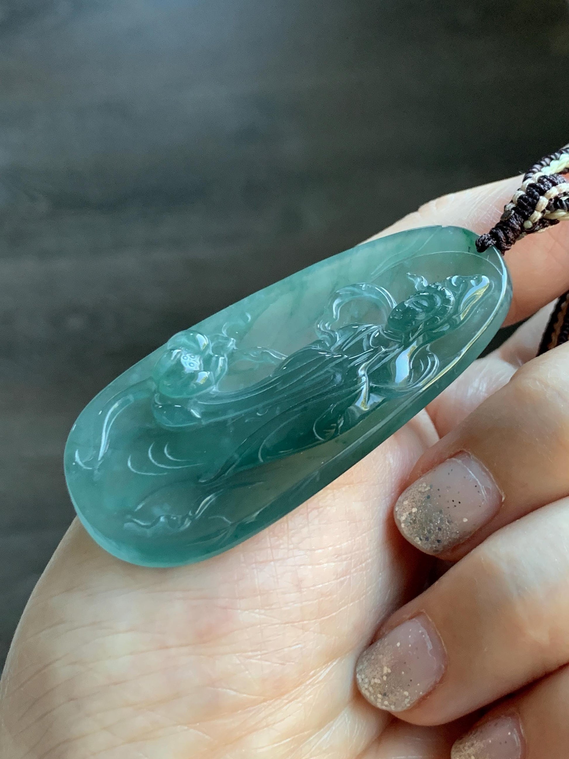 Certified Natural Grade A Guatemalan Icy Translucent Dark Teal Blue Jade Jadeite Guanyin Large Pendant Rope Necklace 28” 天然冰胶危蓝绿翡翠站观音吊坠 485