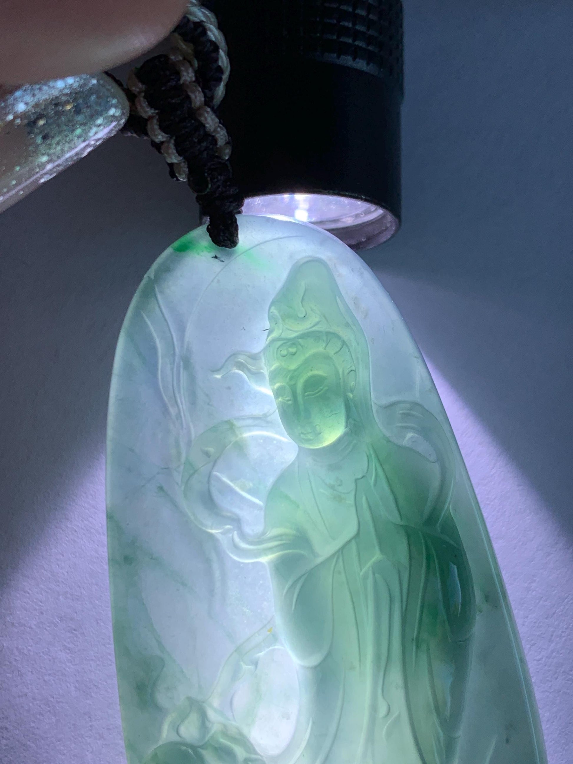 Certified Natural Grade A Guatemalan Icy Translucent Dark Teal Blue Jade Jadeite Guanyin Large Pendant Rope Necklace 28” 天然冰胶危蓝绿翡翠站观音吊坠 485