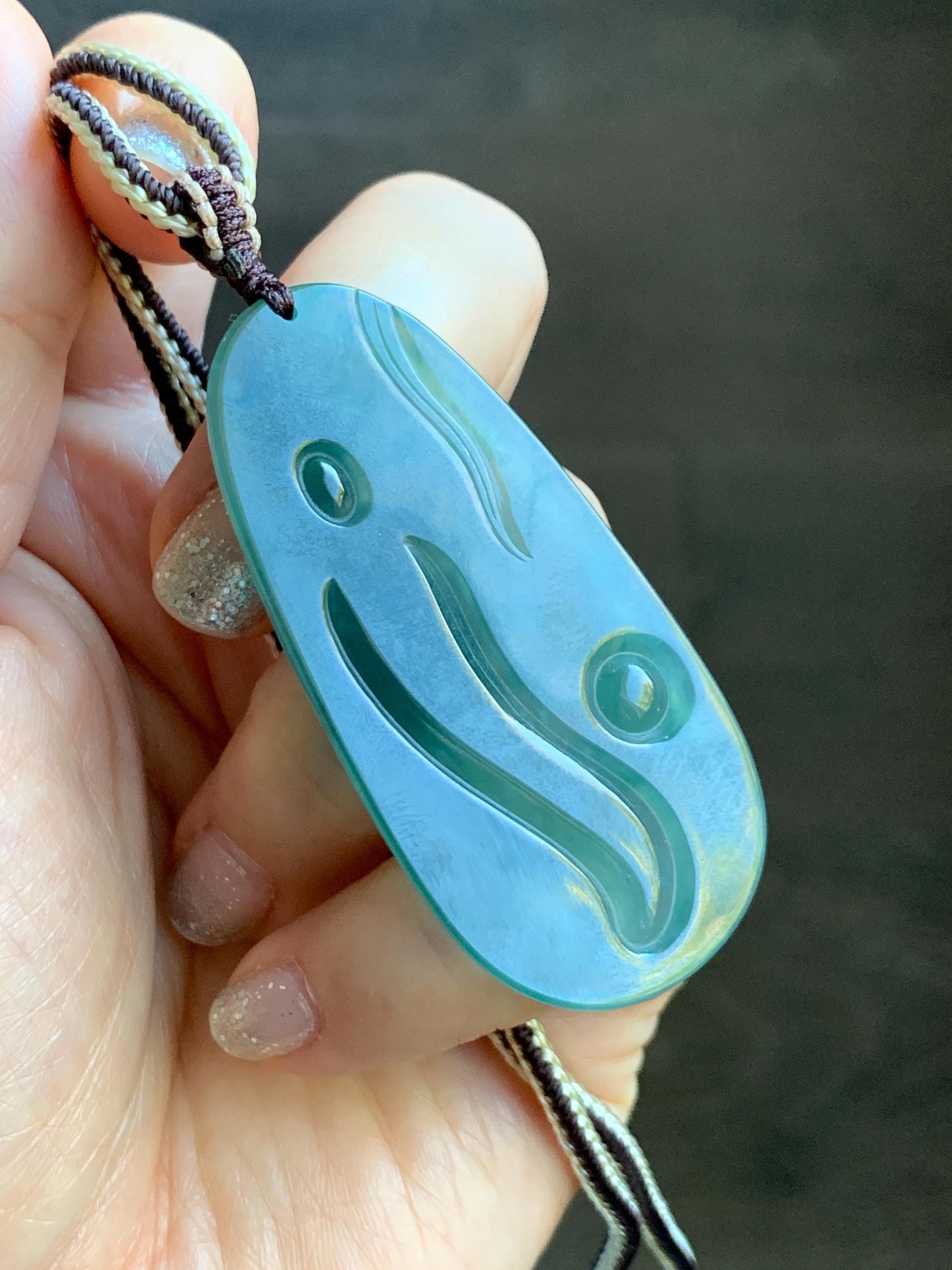 Certified Natural Grade A Guatemalan Icy Translucent Dark Teal Blue Jade Jadeite Guanyin Large Pendant Rope Necklace 28” 天然冰胶危蓝绿翡翠站观音吊坠 485