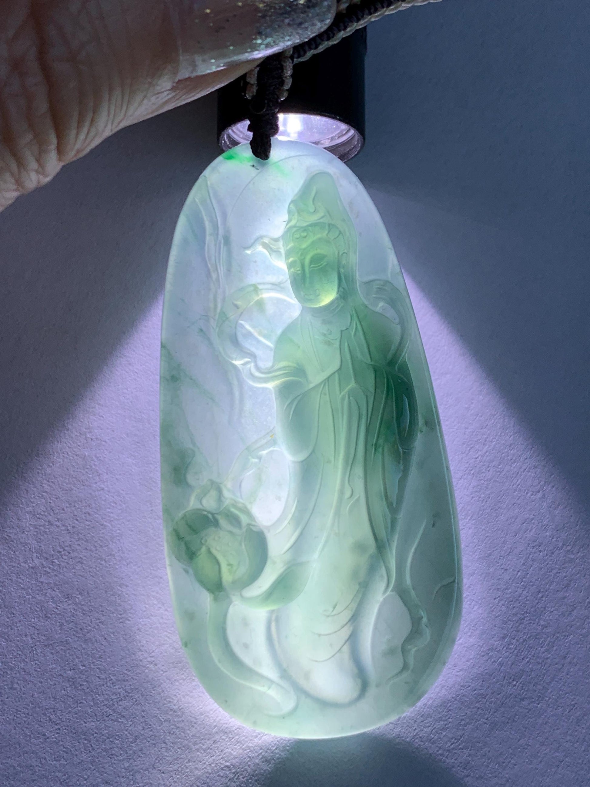 Certified Natural Grade A Guatemalan Icy Translucent Dark Teal Blue Jade Jadeite Guanyin Large Pendant Rope Necklace 28” 天然冰胶危蓝绿翡翠站观音吊坠 485