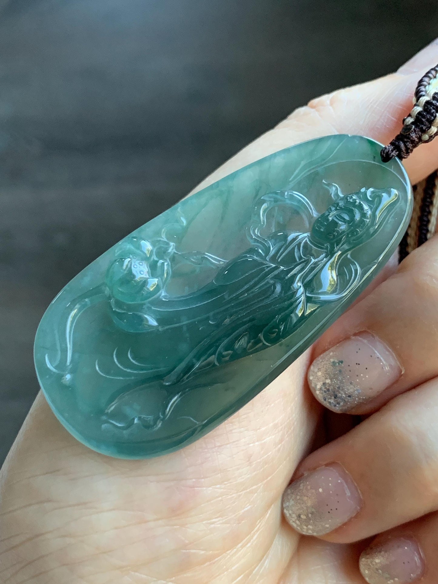 Certified Natural Grade A Guatemalan Icy Translucent Dark Teal Blue Jade Jadeite Guanyin Large Pendant Rope Necklace 28” 天然冰胶危蓝绿翡翠站观音吊坠 485