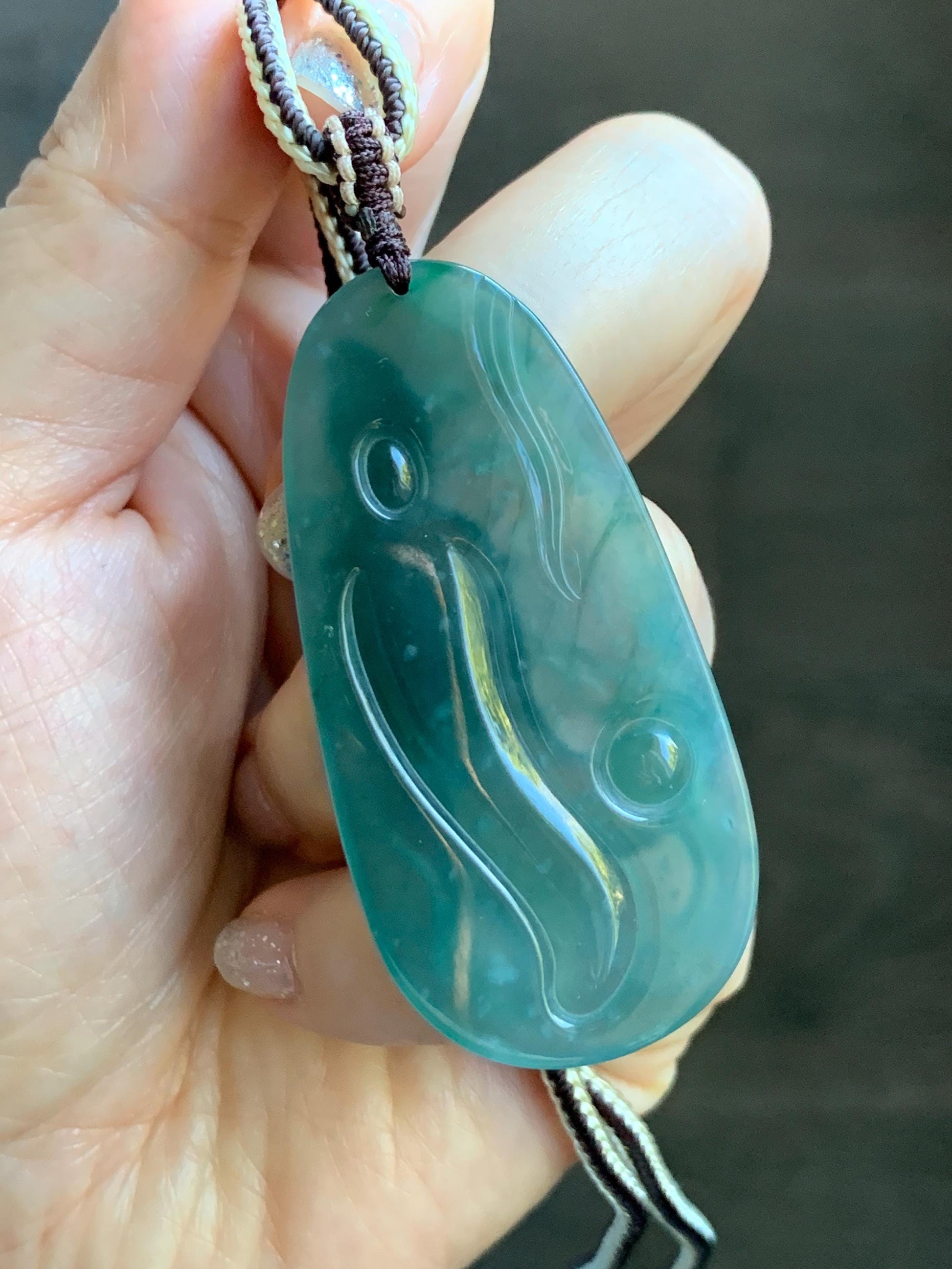 Certified Natural Grade A Guatemalan Icy Translucent Dark Teal Blue Jade Jadeite Guanyin Large Pendant Rope Necklace 28” 天然冰胶危蓝绿翡翠站观音吊坠 485