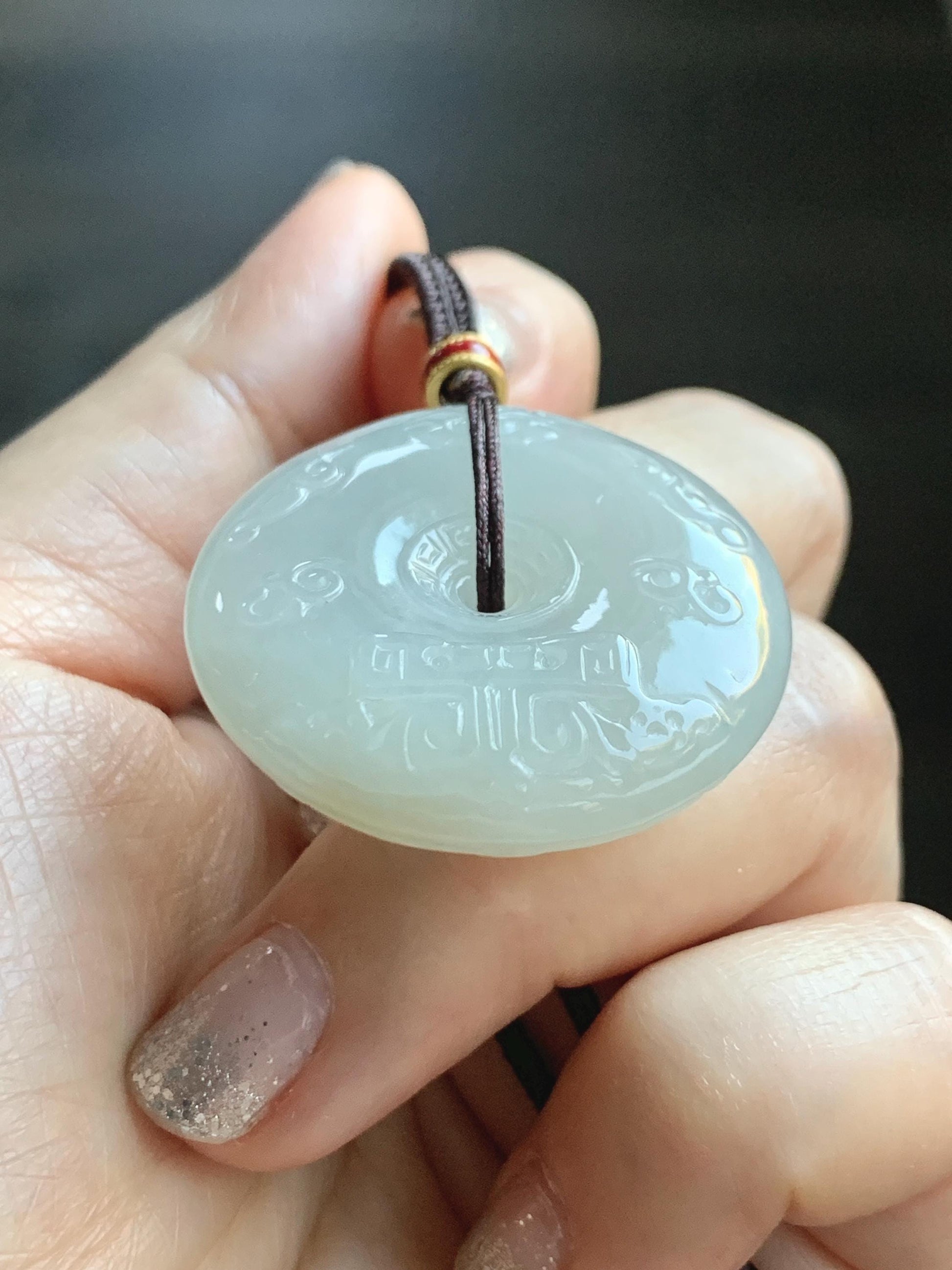 Certified Natural Grade A Icy Translucent Light Beige Jade Jadeite Engraved Ping An Kou Donut Pendant Rope Necklace 28” 天然细糯冰糖黄翡翠仿古雕平安扣项链488