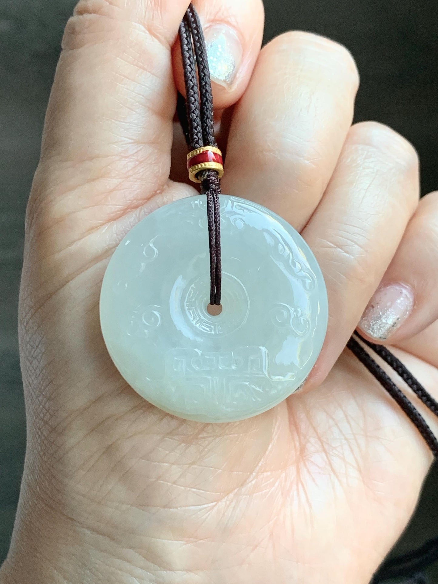 Certified Natural Grade A Icy Translucent Light Beige Jade Jadeite Engraved Ping An Kou Donut Pendant Rope Necklace 28” 天然细糯冰糖黄翡翠仿古雕平安扣项链488