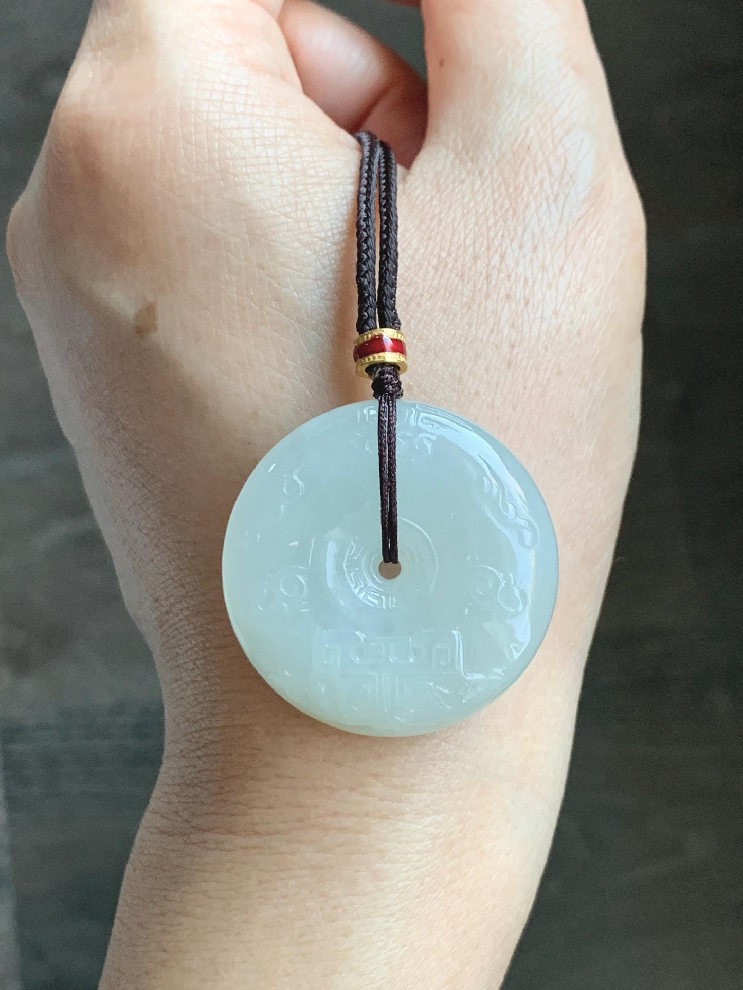 Certified Natural Grade A Icy Translucent Light Beige Jade Jadeite Engraved Ping An Kou Donut Pendant Rope Necklace 28” 天然细糯冰糖黄翡翠仿古雕平安扣项链488