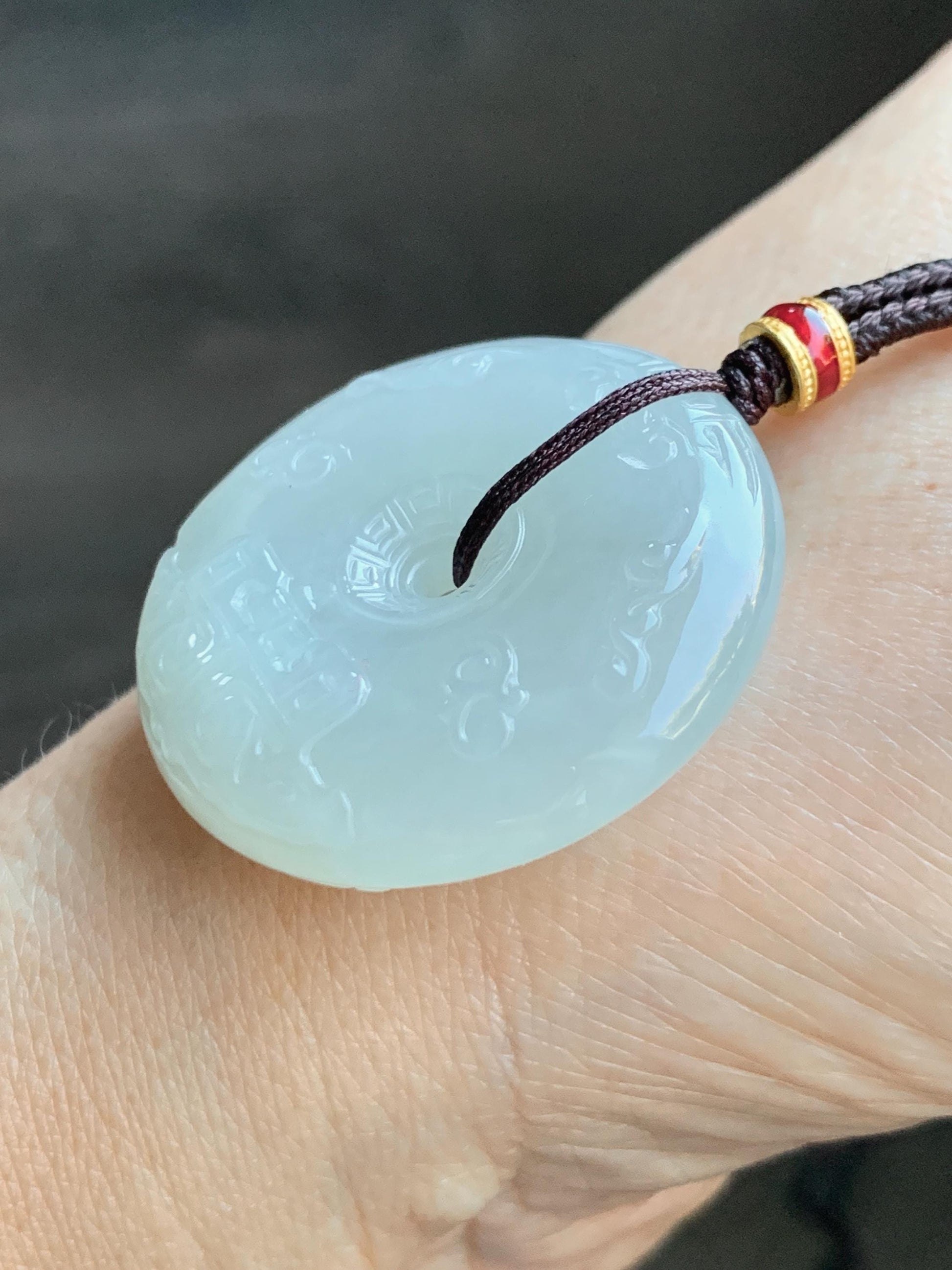 Certified Natural Grade A Icy Translucent Light Beige Jade Jadeite Engraved Ping An Kou Donut Pendant Rope Necklace 28” 天然细糯冰糖黄翡翠仿古雕平安扣项链488