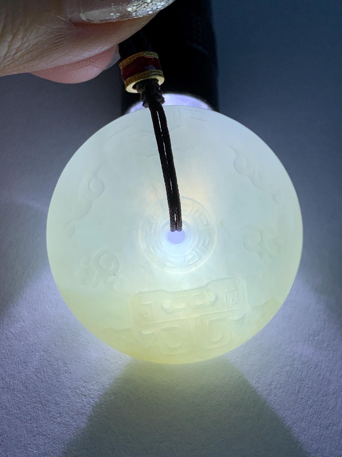 Certified Natural Grade A Icy Translucent Light Beige Jade Jadeite Engraved Ping An Kou Donut Pendant Rope Necklace 28” 天然细糯冰糖黄翡翠仿古雕平安扣项链488