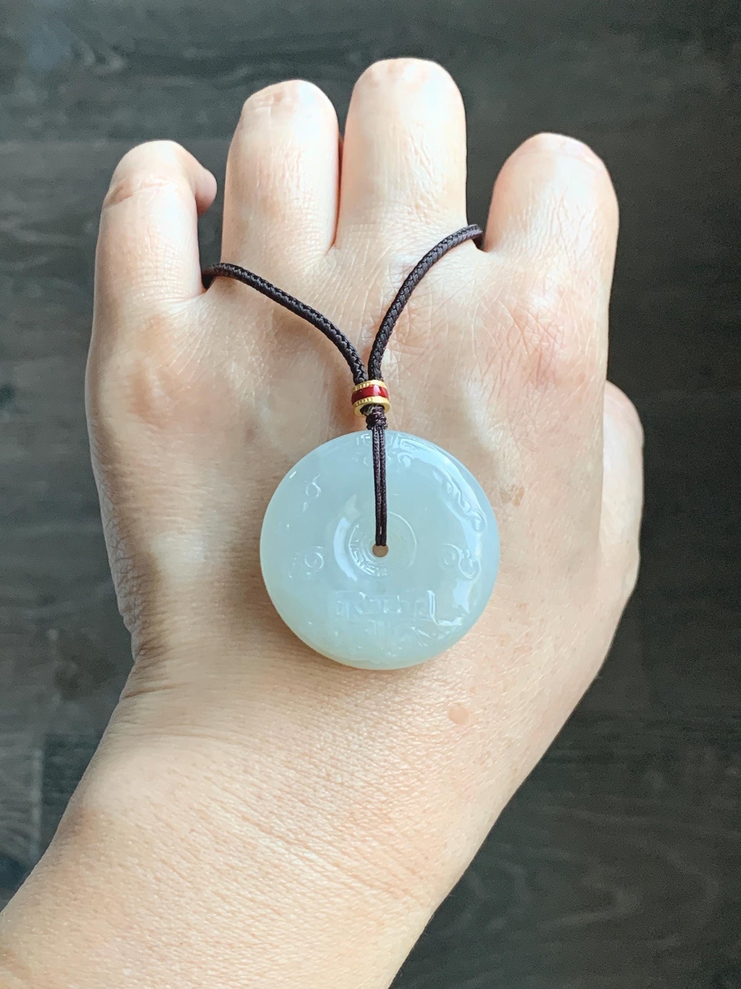Certified Natural Grade A Icy Translucent Light Beige Jade Jadeite Engraved Ping An Kou Donut Pendant Rope Necklace 28” 天然细糯冰糖黄翡翠仿古雕平安扣项链488