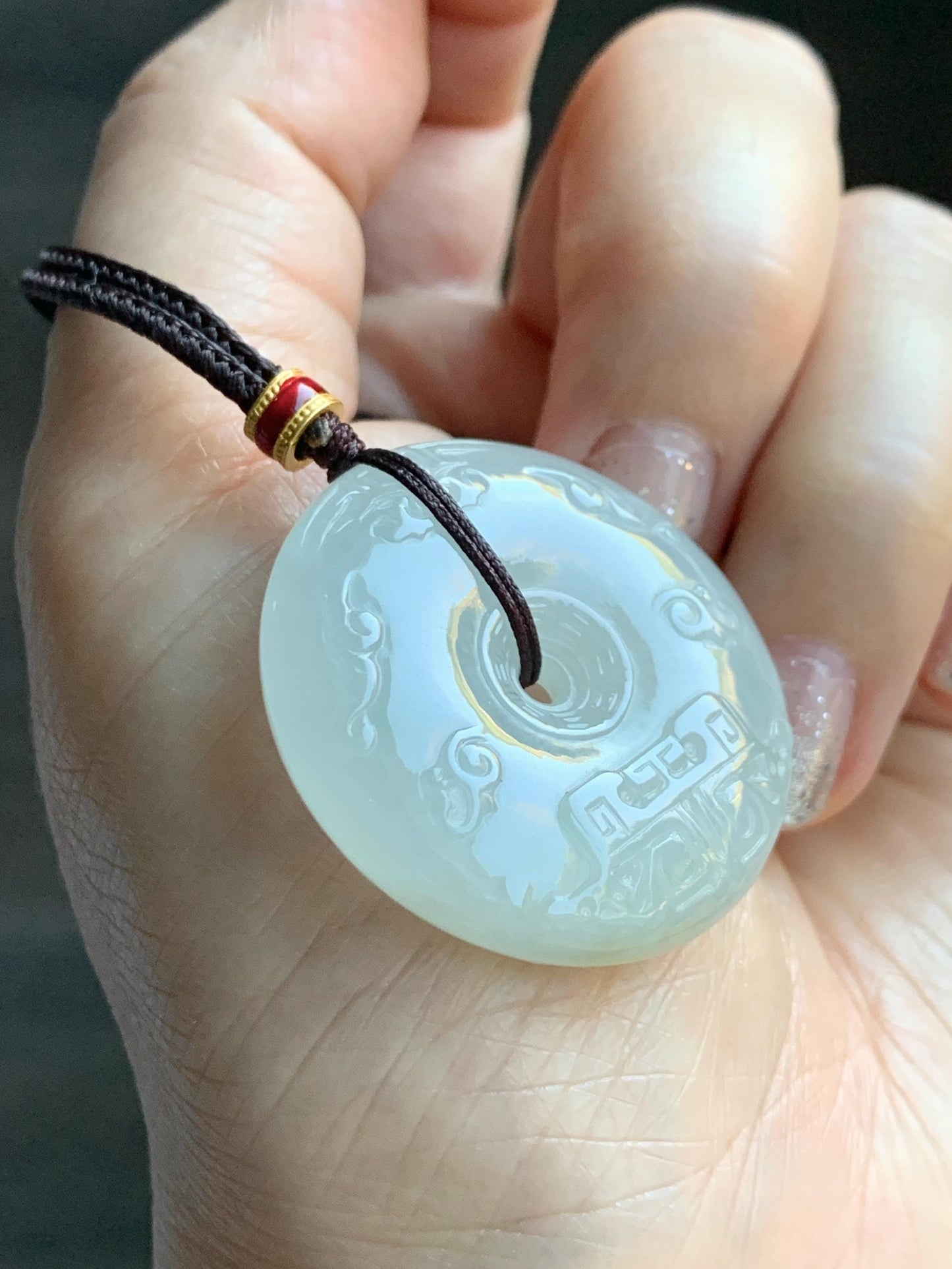 Certified Natural Grade A Icy Translucent Light Beige Jade Jadeite Engraved Ping An Kou Donut Pendant Rope Necklace 28” 天然细糯冰糖黄翡翠仿古雕平安扣项链488