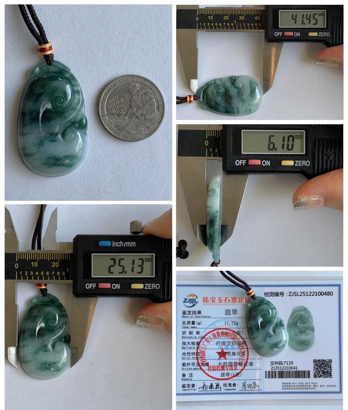 Certified Natural Grade A Icy Translucent Dark Teal Green Marbled Jade Jadeite Ruyi Pendant Rope Necklace 26” 11.7g 天然细糯飘花翡翠如意吊坠 480