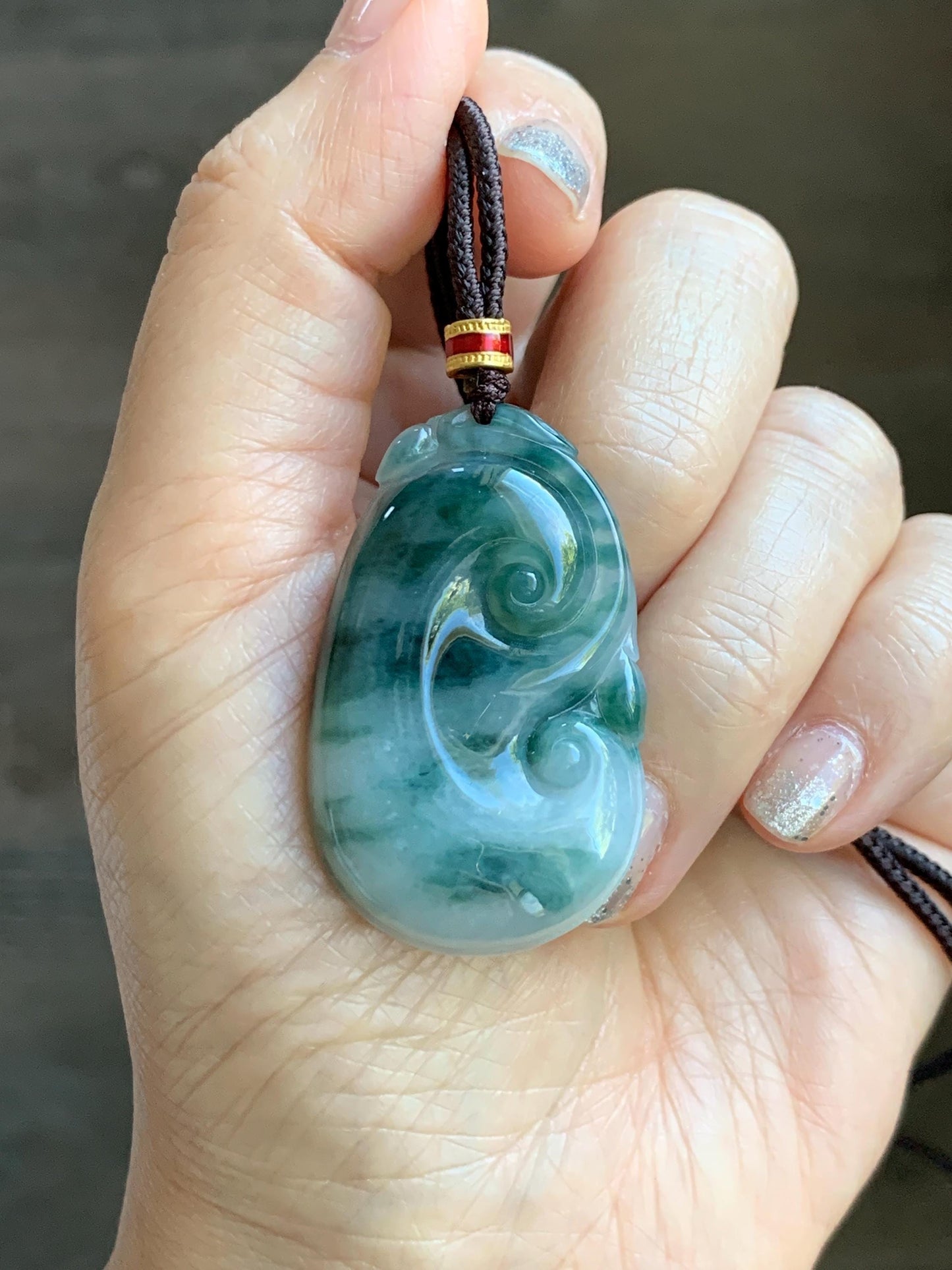 Certified Natural Grade A Icy Translucent Dark Teal Green Marbled Jade Jadeite Ruyi Pendant Rope Necklace 26” 11.7g 天然细糯飘花翡翠如意吊坠 480