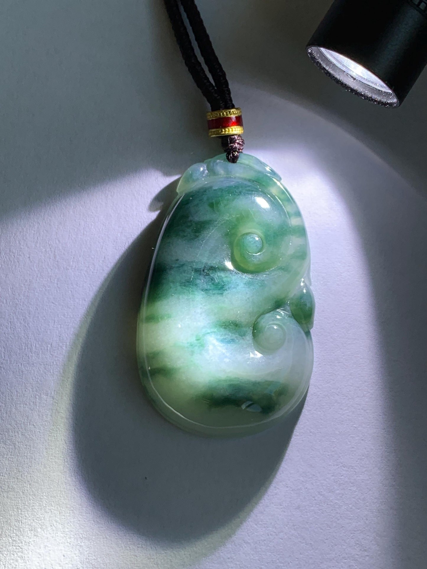 Certified Natural Grade A Icy Translucent Dark Teal Green Marbled Jade Jadeite Ruyi Pendant Rope Necklace 26” 11.7g 天然细糯飘花翡翠如意吊坠 480