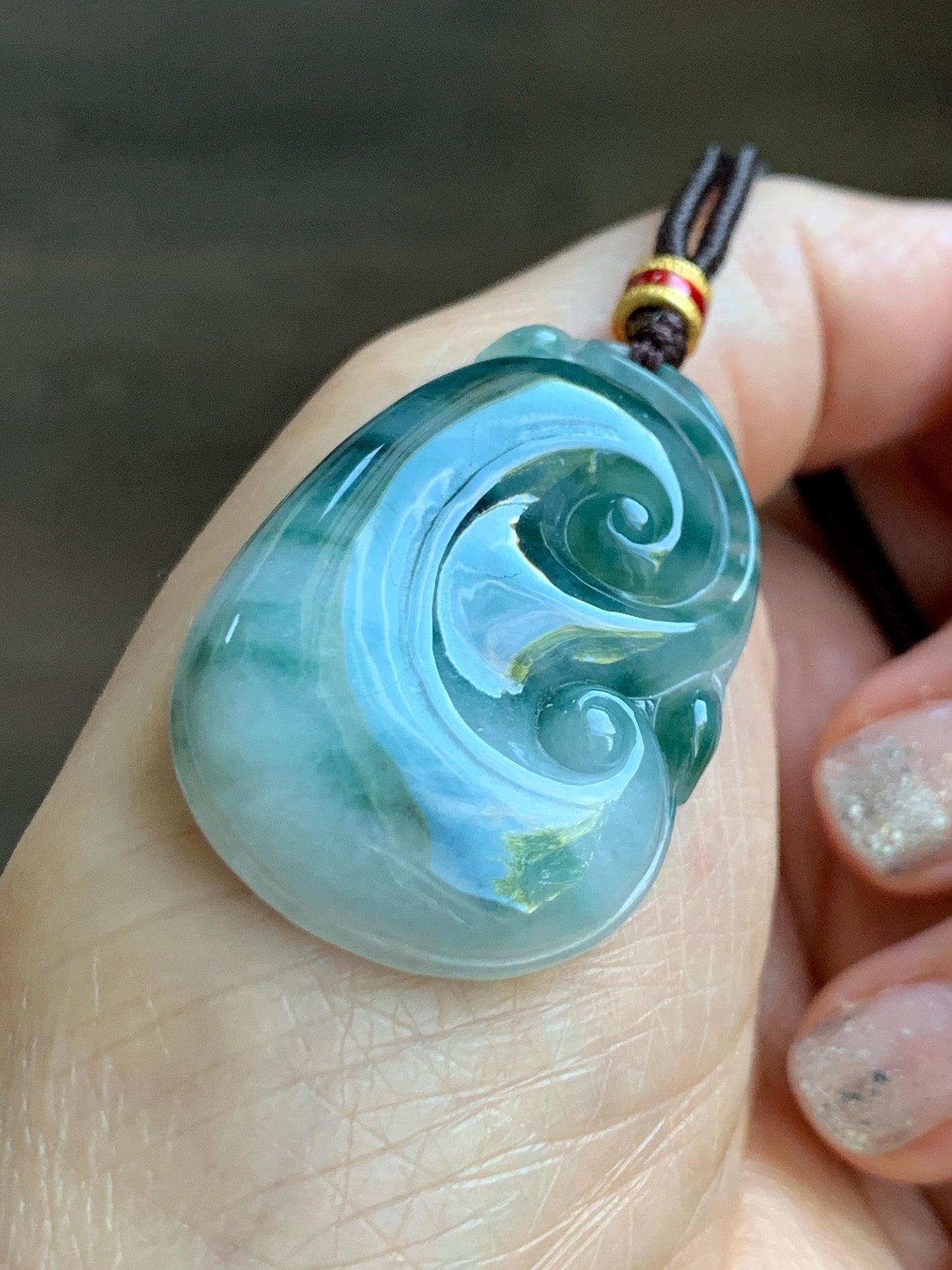 Certified Natural Grade A Icy Translucent Dark Teal Green Marbled Jade Jadeite Ruyi Pendant Rope Necklace 26” 11.7g 天然细糯飘花翡翠如意吊坠 480